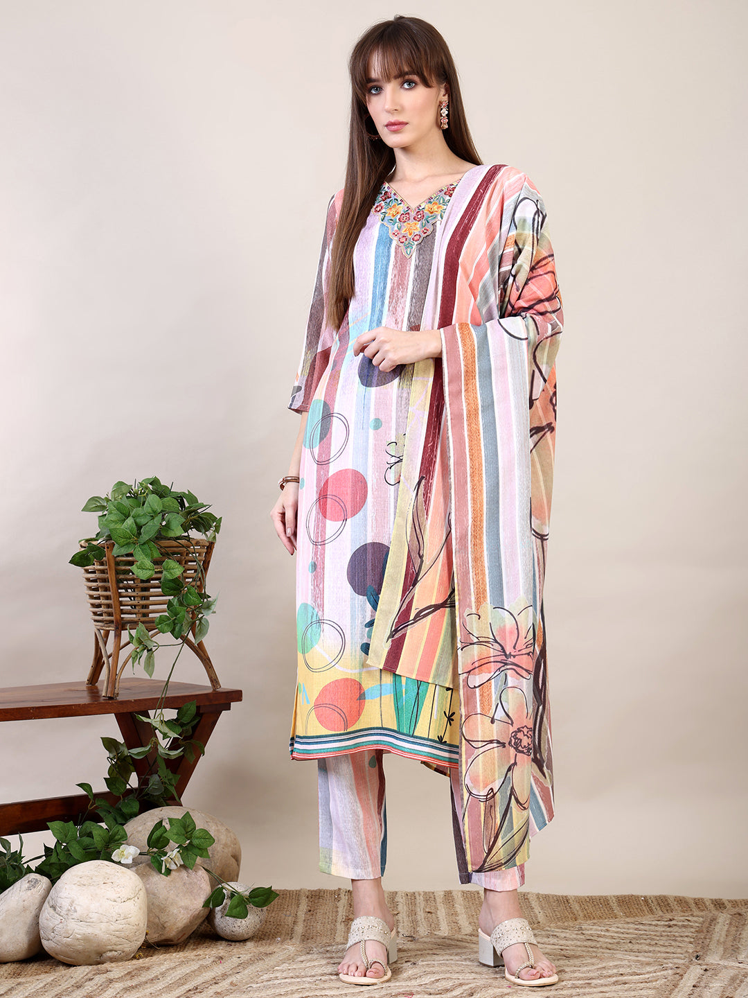 Embroidered & Striped Floral Printed Kurta with Pant & Dupatta