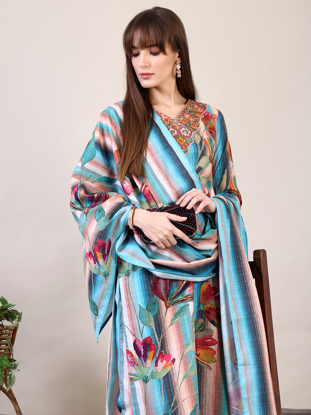 Embroidered & Floral Printed Kurta with Pant & Dupatta