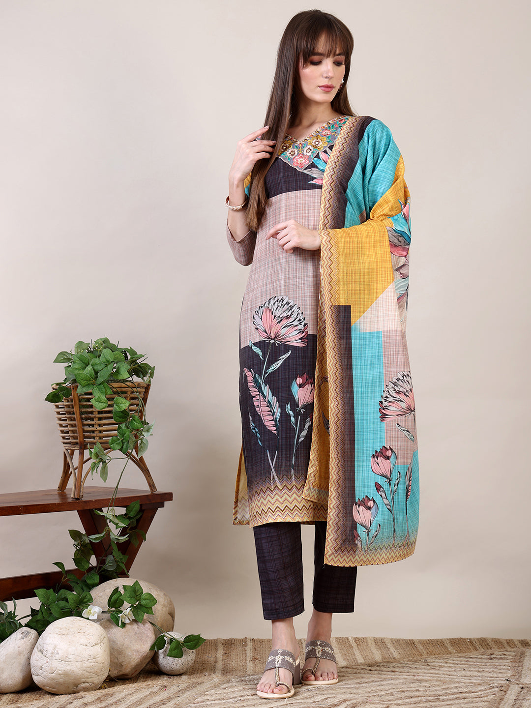 Embroidered & Printed Kurta with Pant & Dupatta