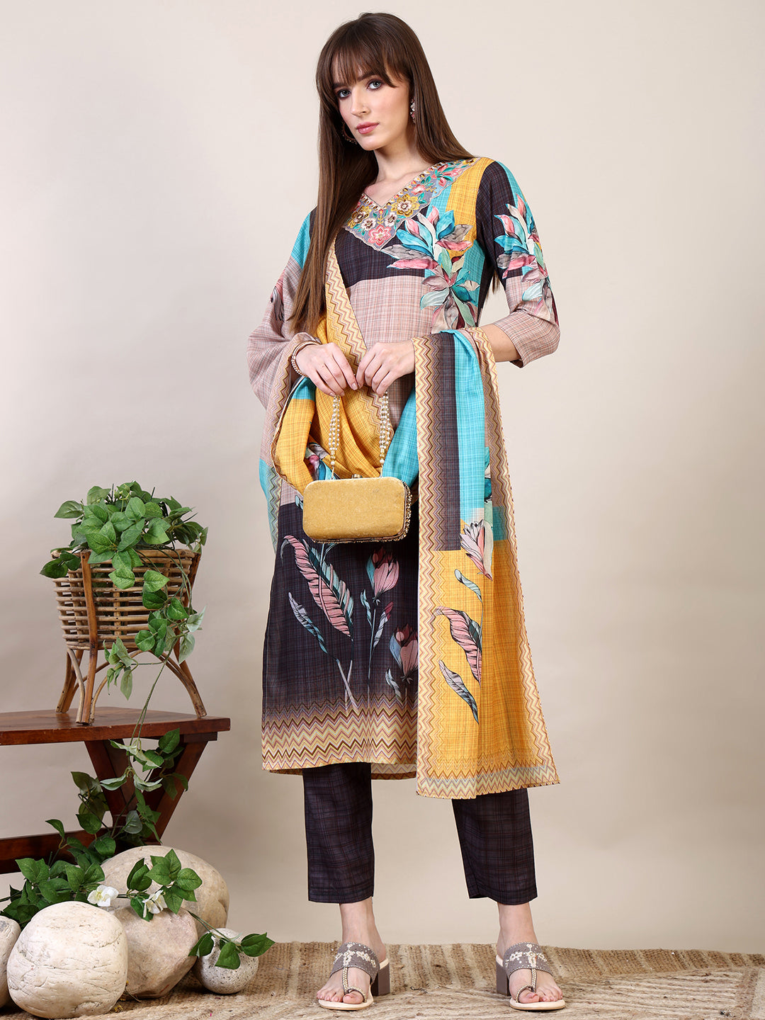 Embroidered & Printed Kurta with Pant & Dupatta