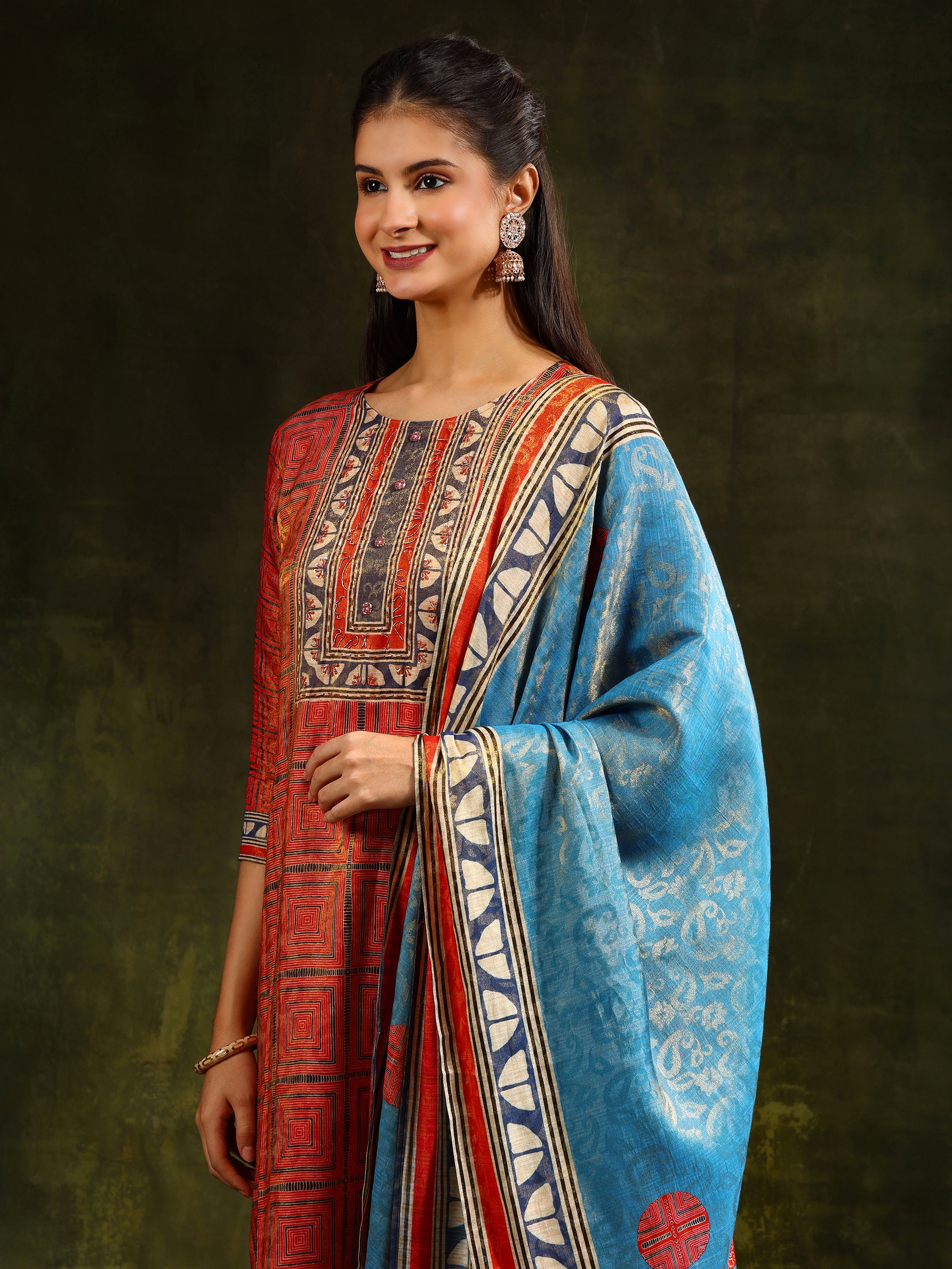 Hand embroidered & Pure Silk Jacquard kurta with Pant & pure Silk Dupatta