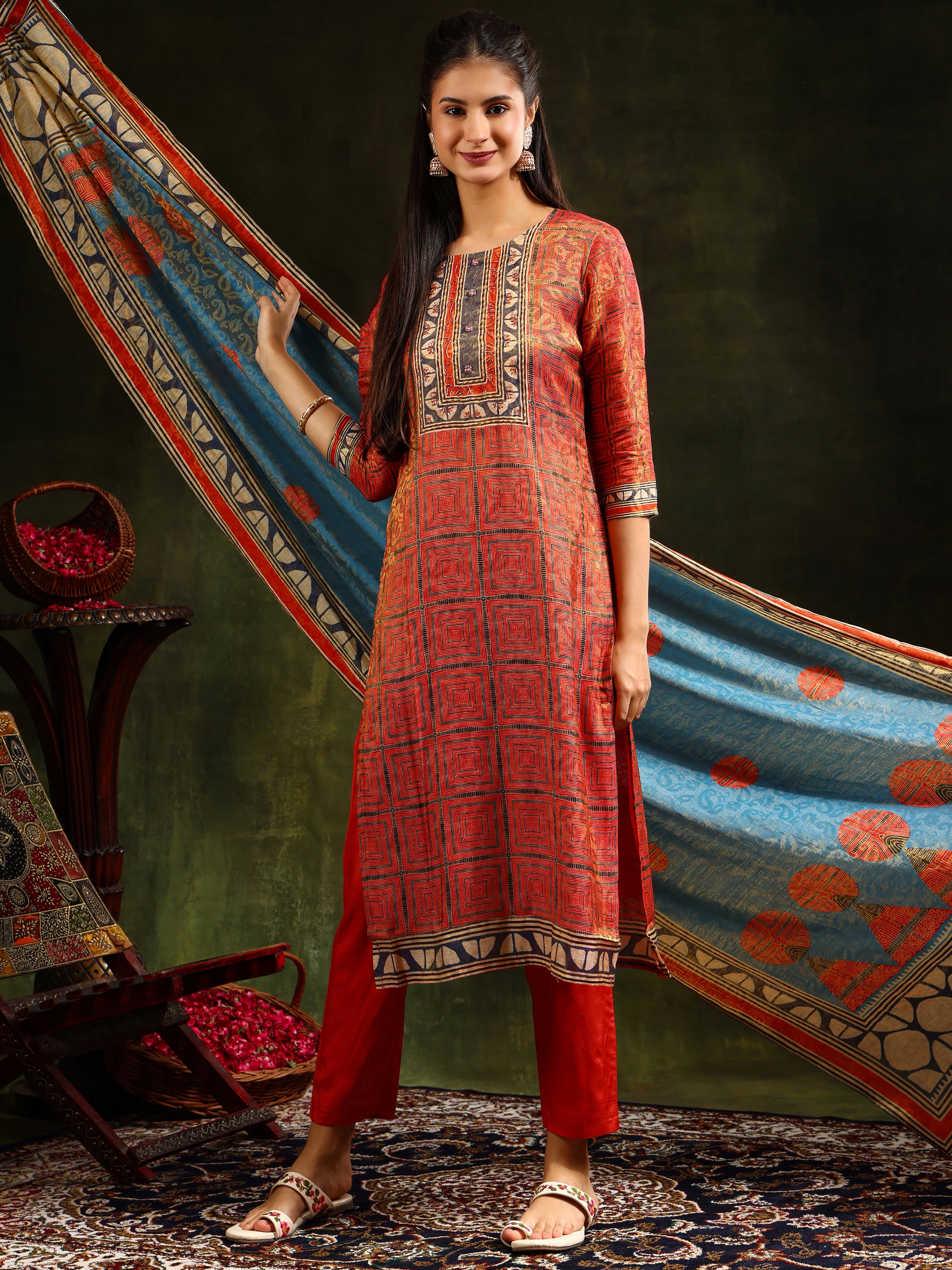 Hand embroidered & Pure Silk Jacquard kurta with Pant & pure Silk Dupatta