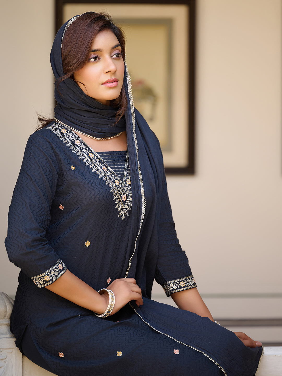 Sequined & zari Embroidered Kurta with pant &  Dupatta