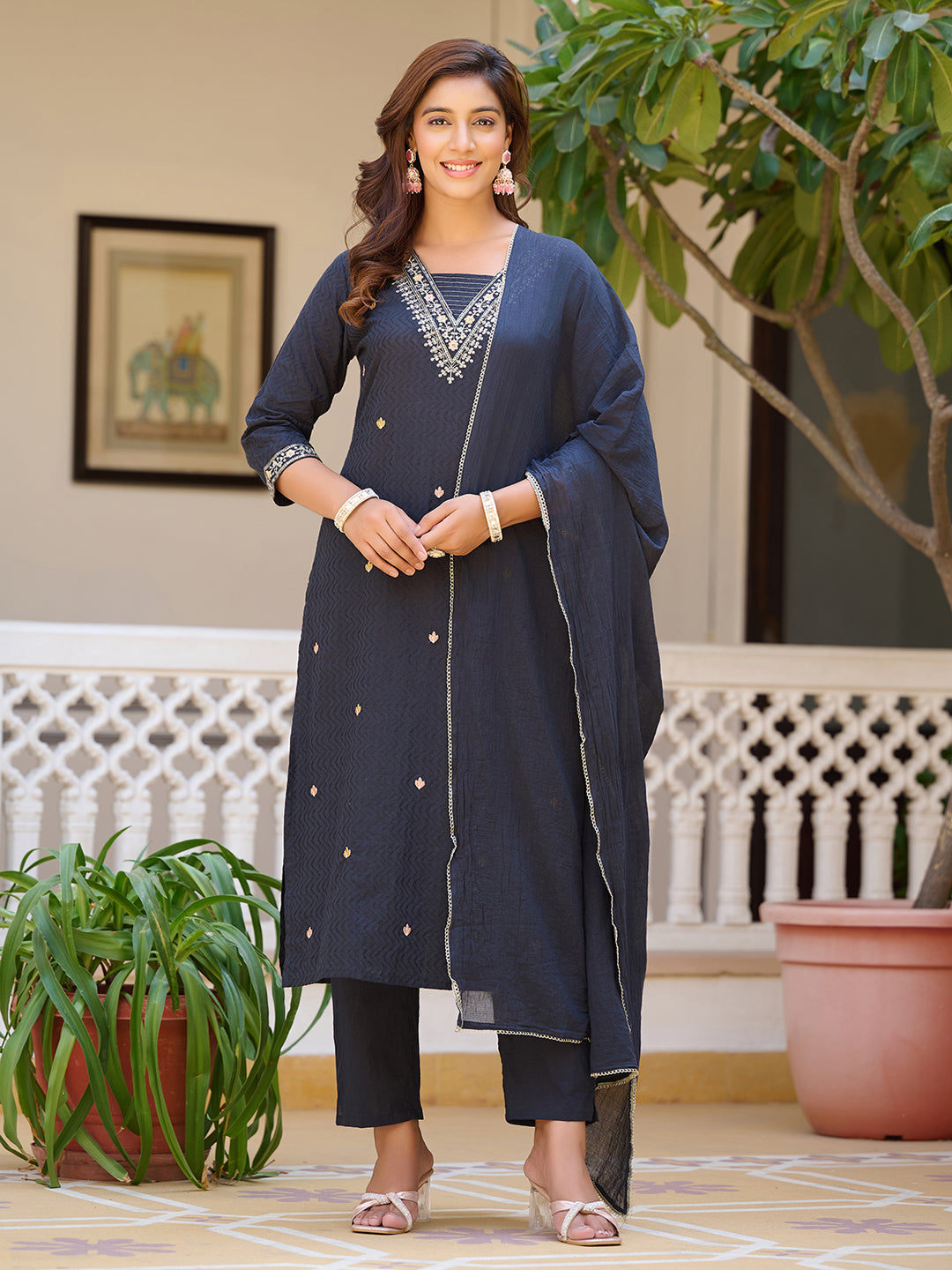 Sequined & zari Embroidered Kurta with pant &  Dupatta