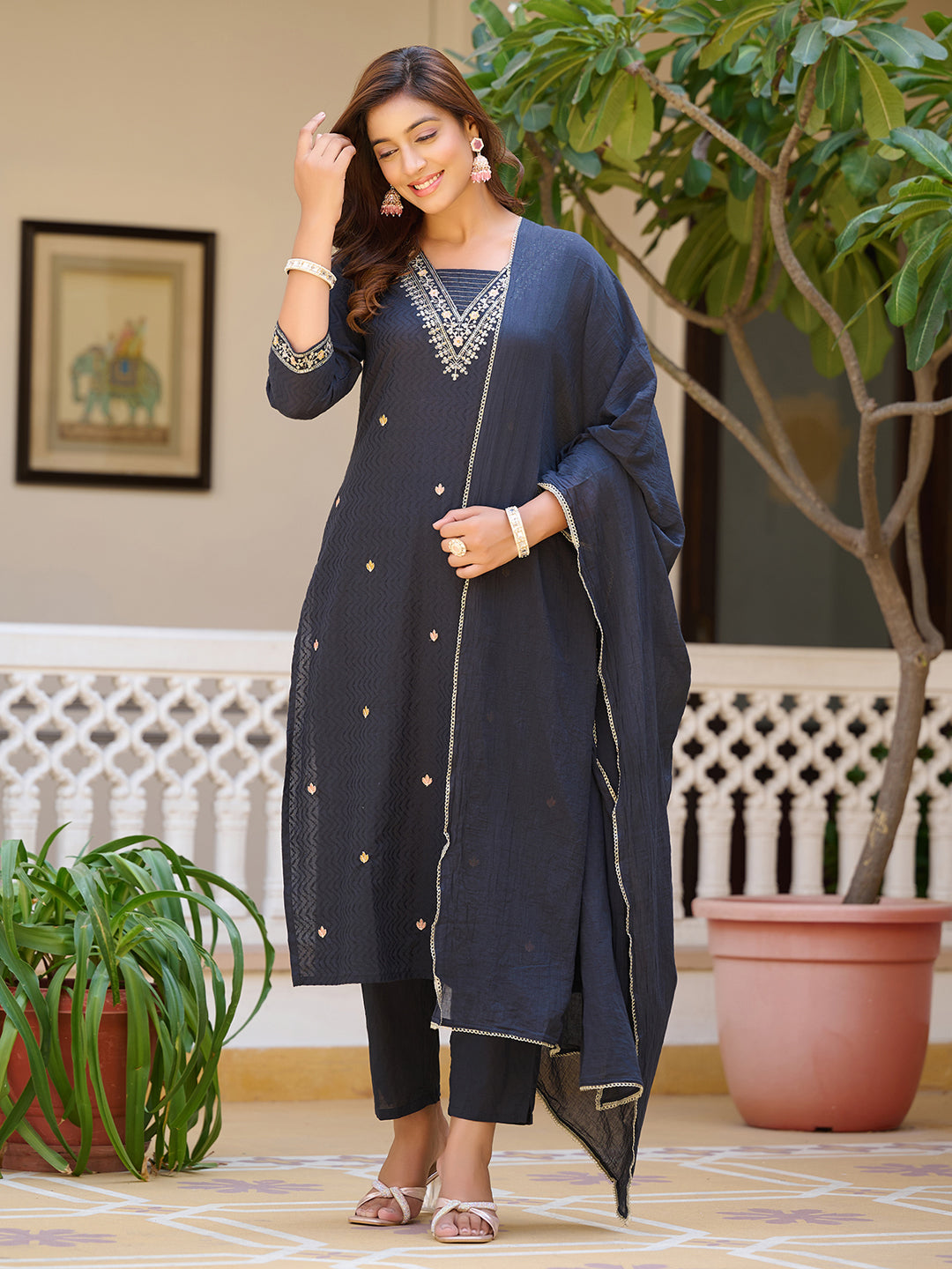 Sequined & zari Embroidered Kurta with pant &  Dupatta