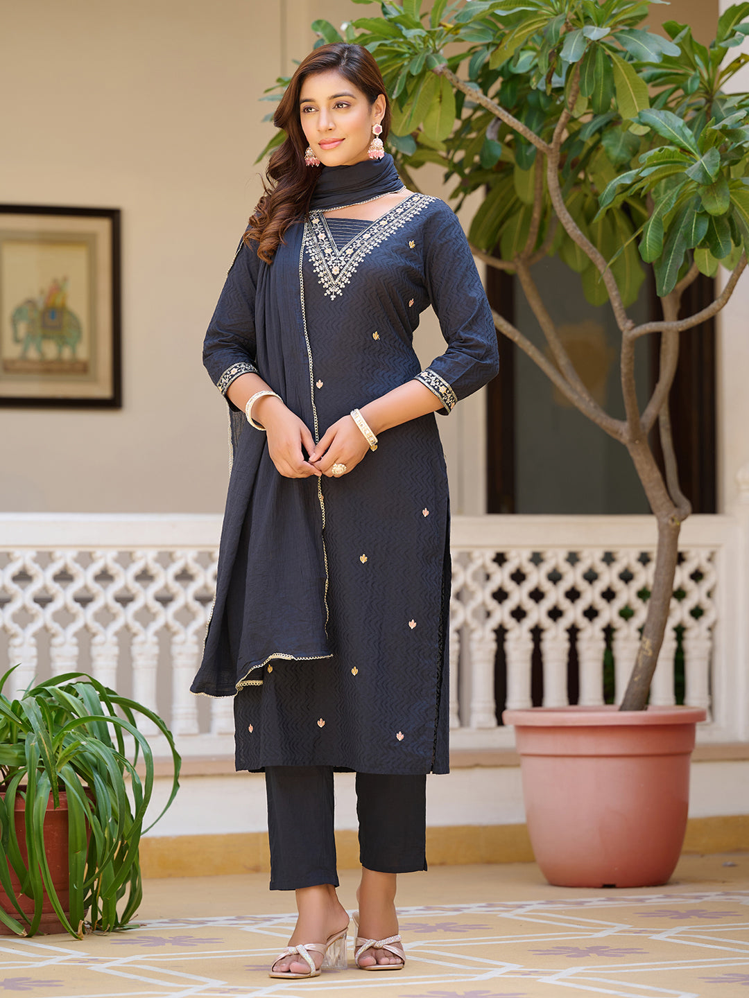 Sequined & zari Embroidered Kurta with pant &  Dupatta