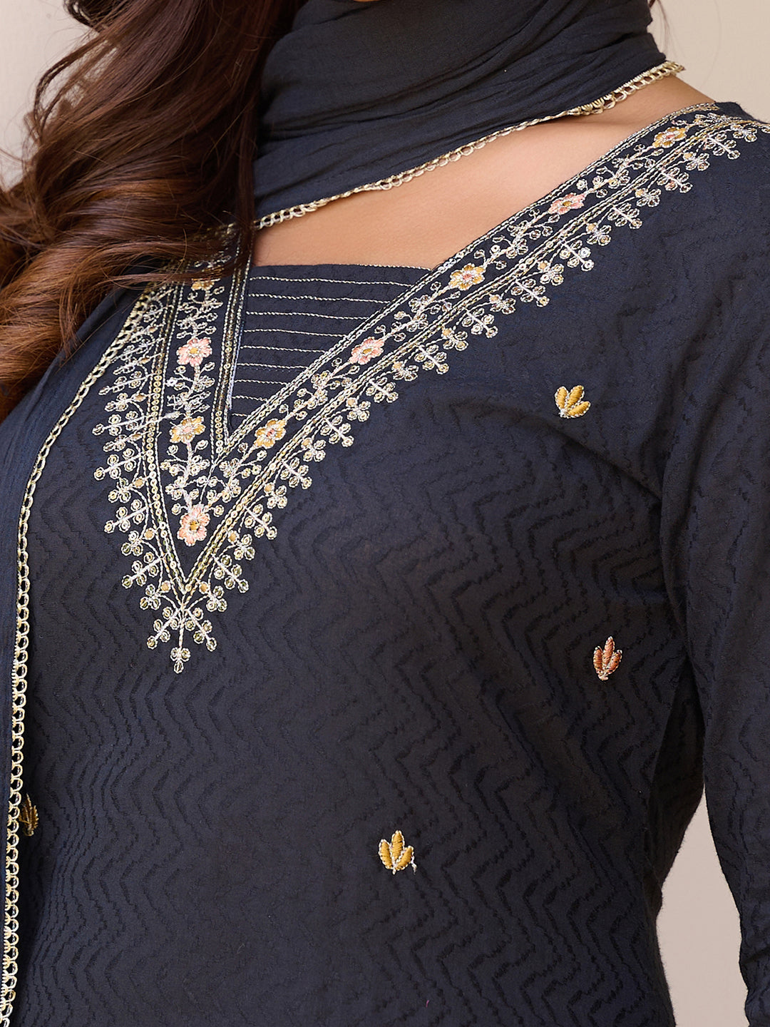 Sequined & zari Embroidered Kurta with pant &  Dupatta