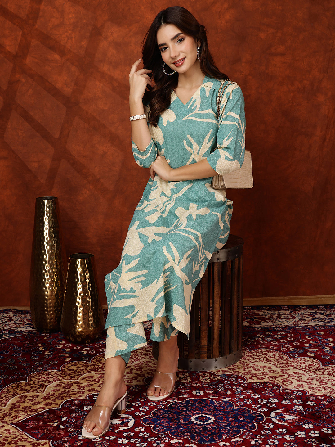 Floral Printed Designer Collared Kurta with palazzo