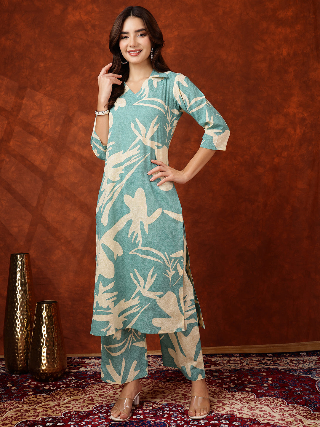 Floral Printed Designer Collared Kurta with palazzo