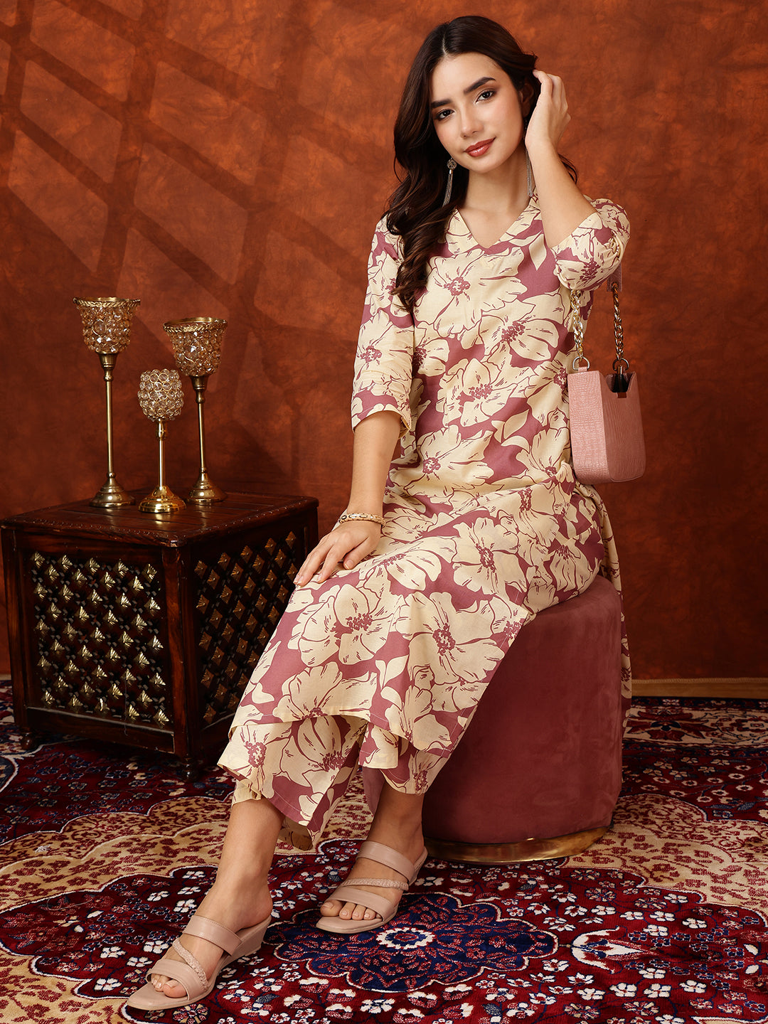 Floral Printed Designer Collared Kurta with palazzo