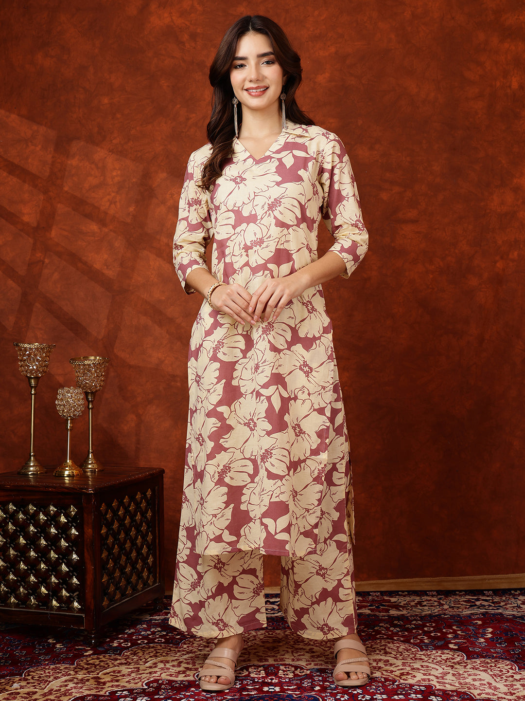 Floral Printed Designer Collared Kurta with palazzo