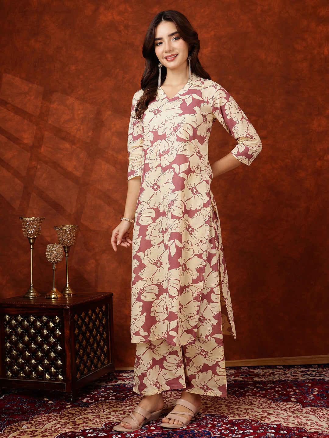 Floral Printed Designer Collared Kurta with palazzo