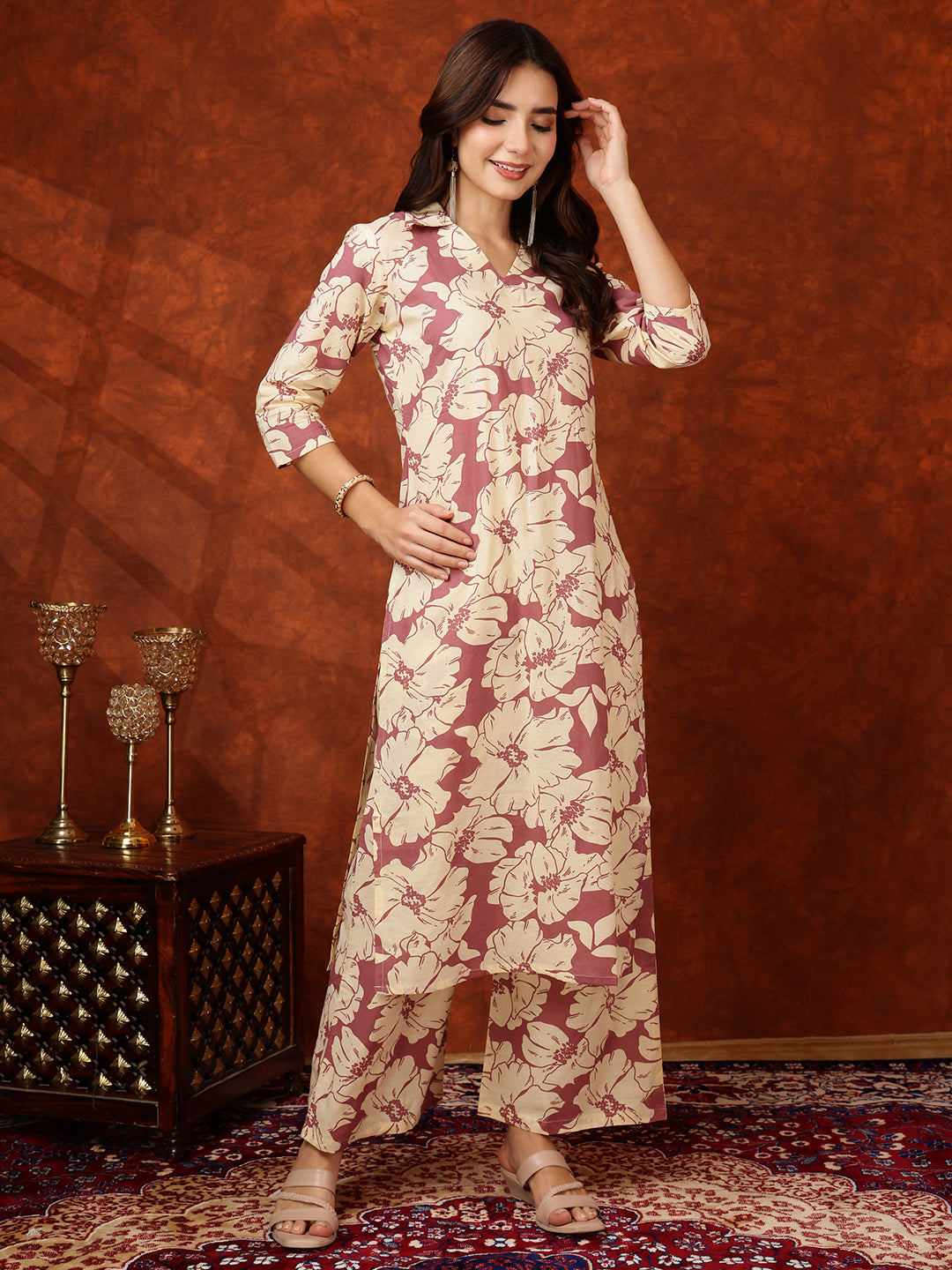 Floral Printed Designer Collared Kurta with palazzo