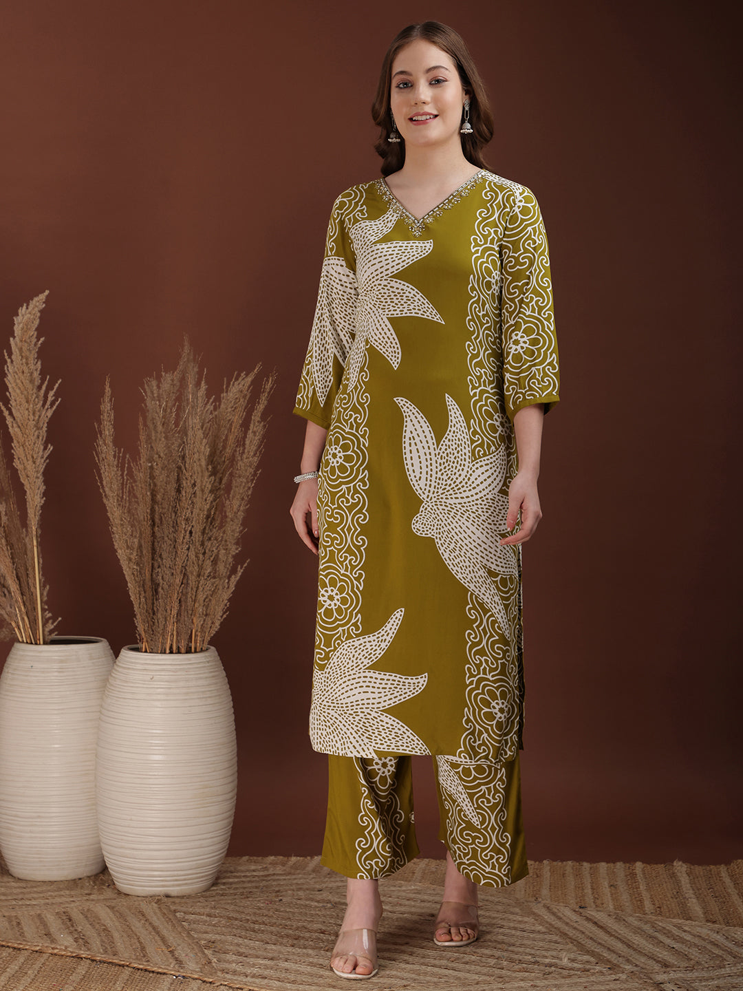 Hand embroidered with Floral & leaf Printed Kurta and Palazzo