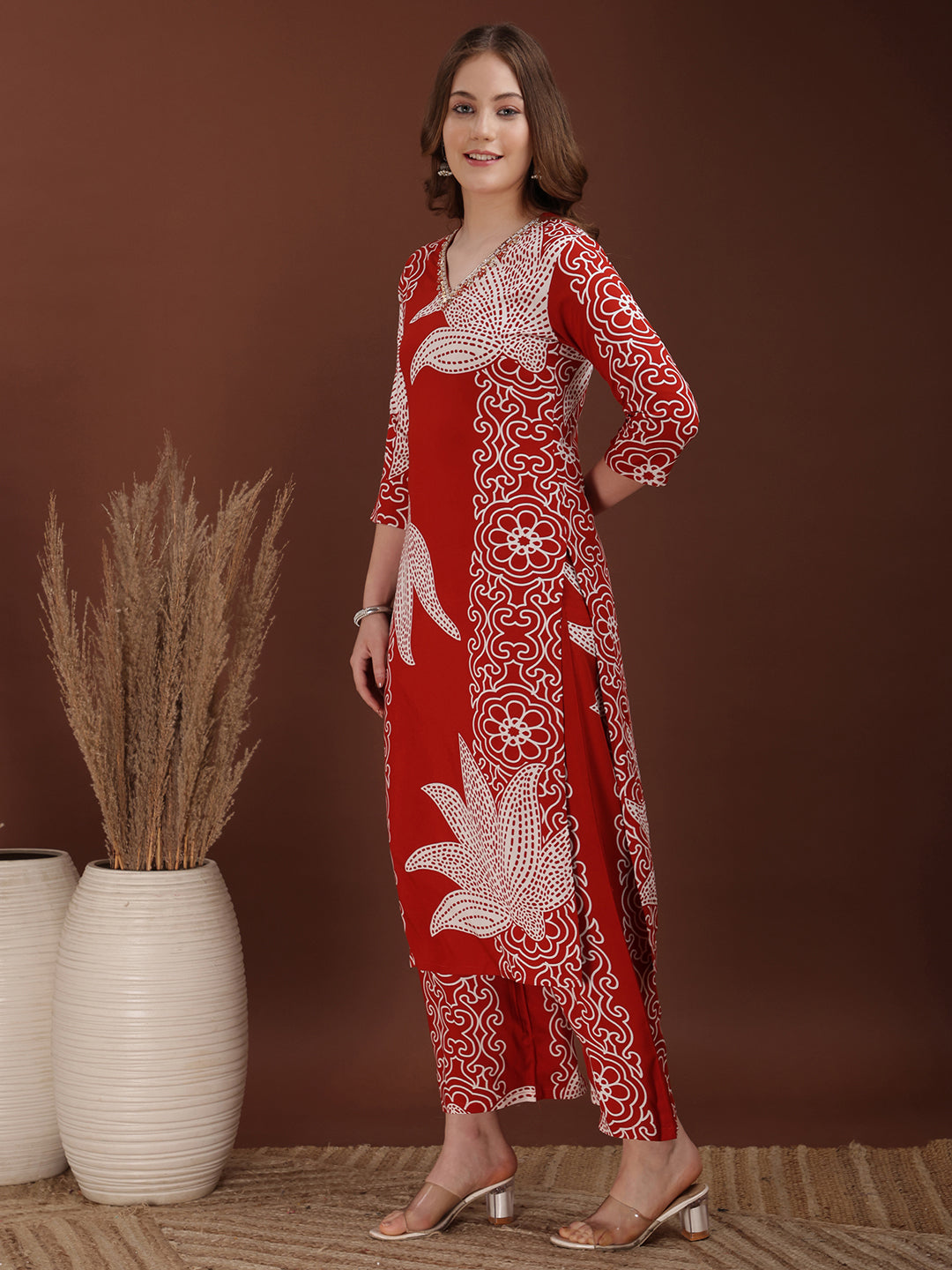 Hand embroidered with Floral & leaf Printed Kurta and Palazzo