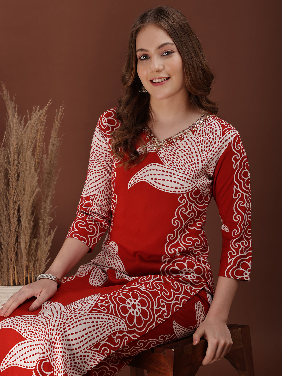 Hand embroidered with Floral & leaf Printed Kurta and Palazzo