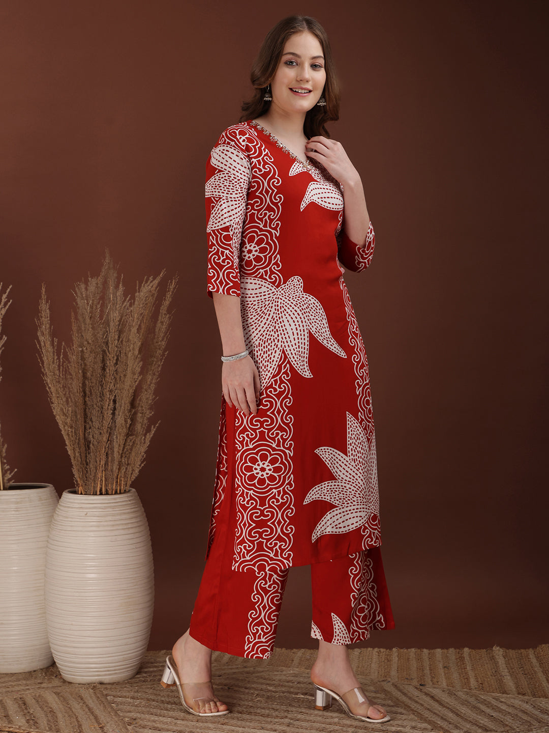 Hand embroidered with Floral & leaf Printed Kurta and Palazzo