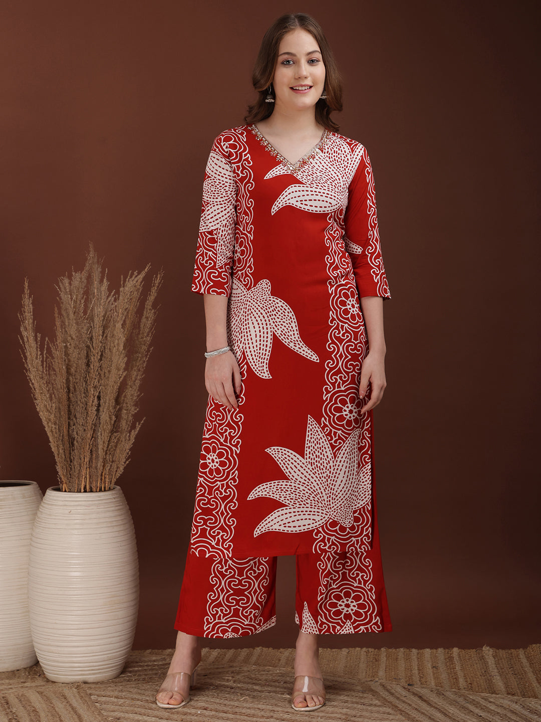 Hand embroidered with Floral & leaf Printed Kurta and Palazzo