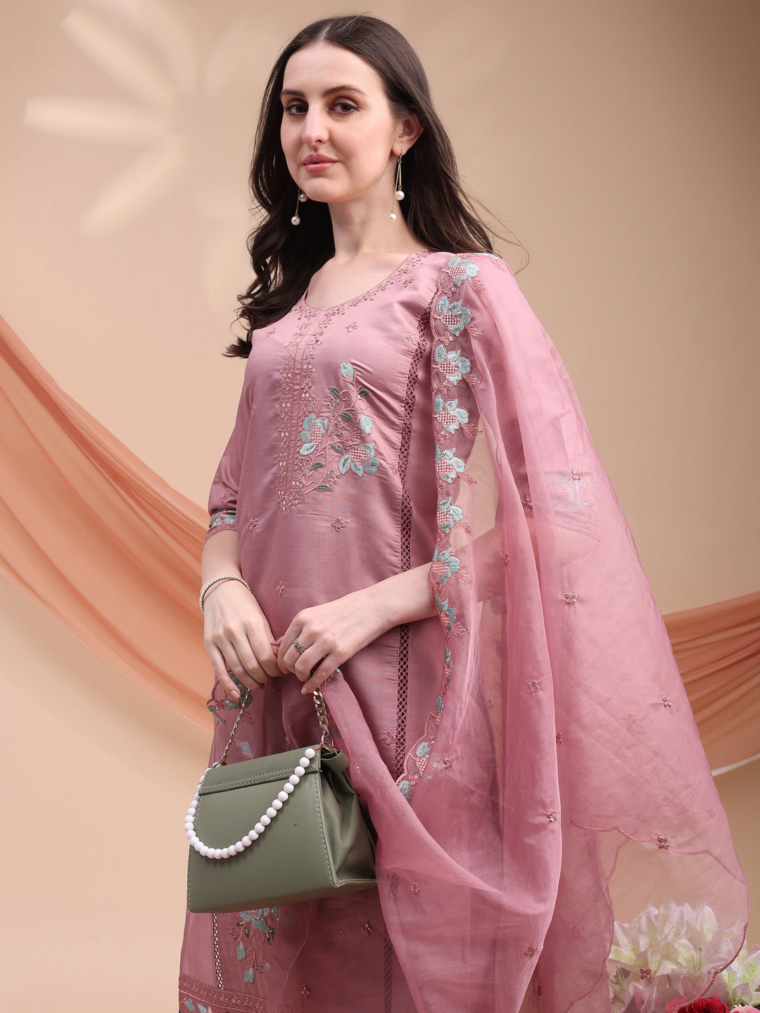 Embroidered Kurta with pant & Organza Embroidered Dupatta
