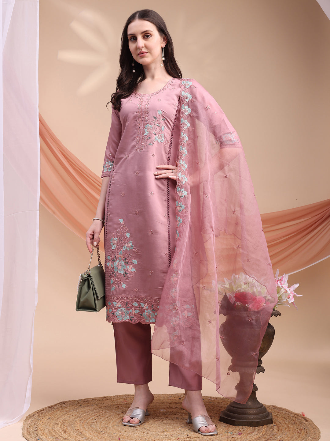 Embroidered Kurta with pant & Organza Embroidered Dupatta