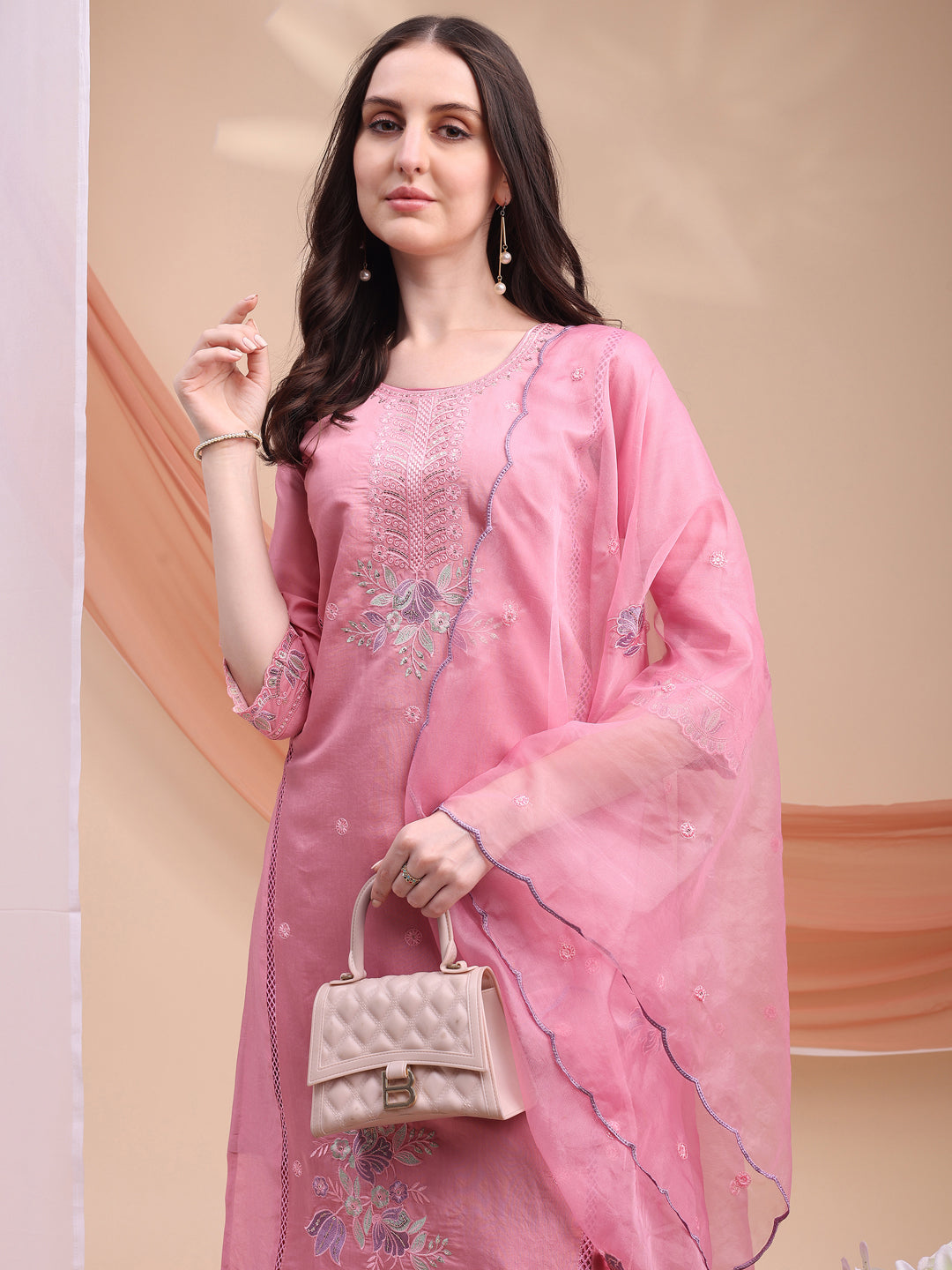 Embroidered Kurta with pant & Organza Embroidered Dupatta