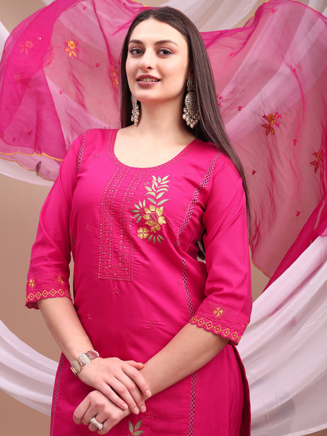 Embroidered Kurta with pant & Organza Embroidered Dupatta