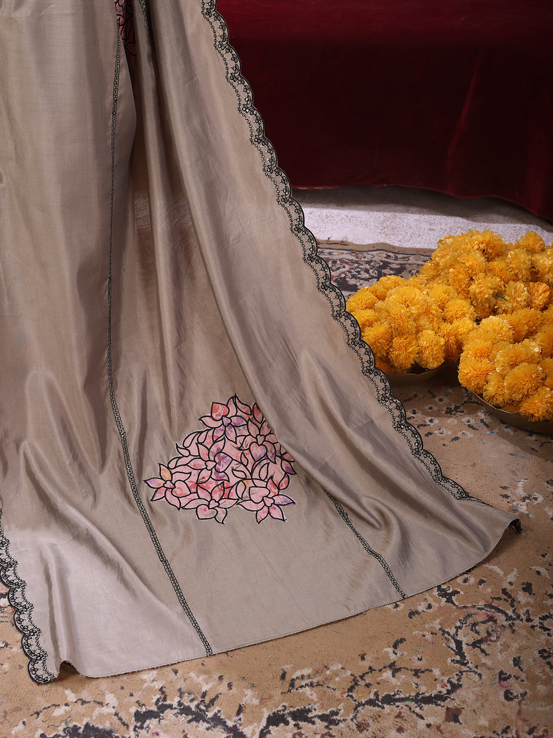 Taupe floral-embroidered straight suit set with lace-bordered Dupatta and tapered Pants