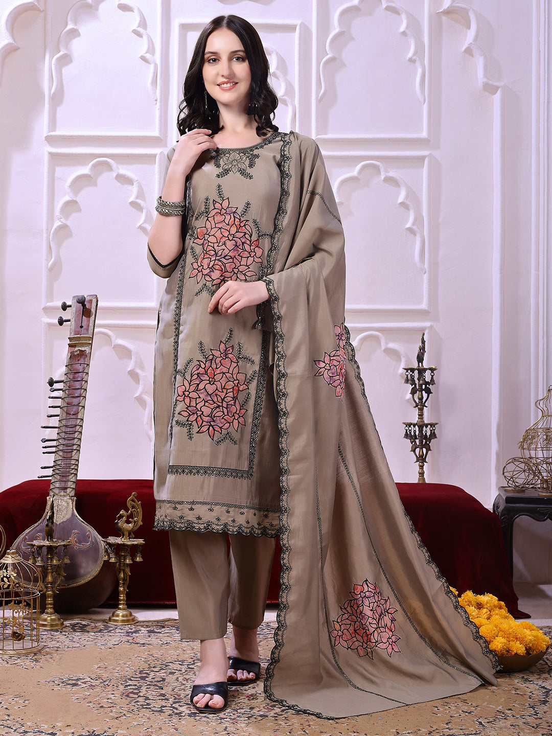 Taupe floral-embroidered straight suit set with lace-bordered Dupatta and tapered Pants