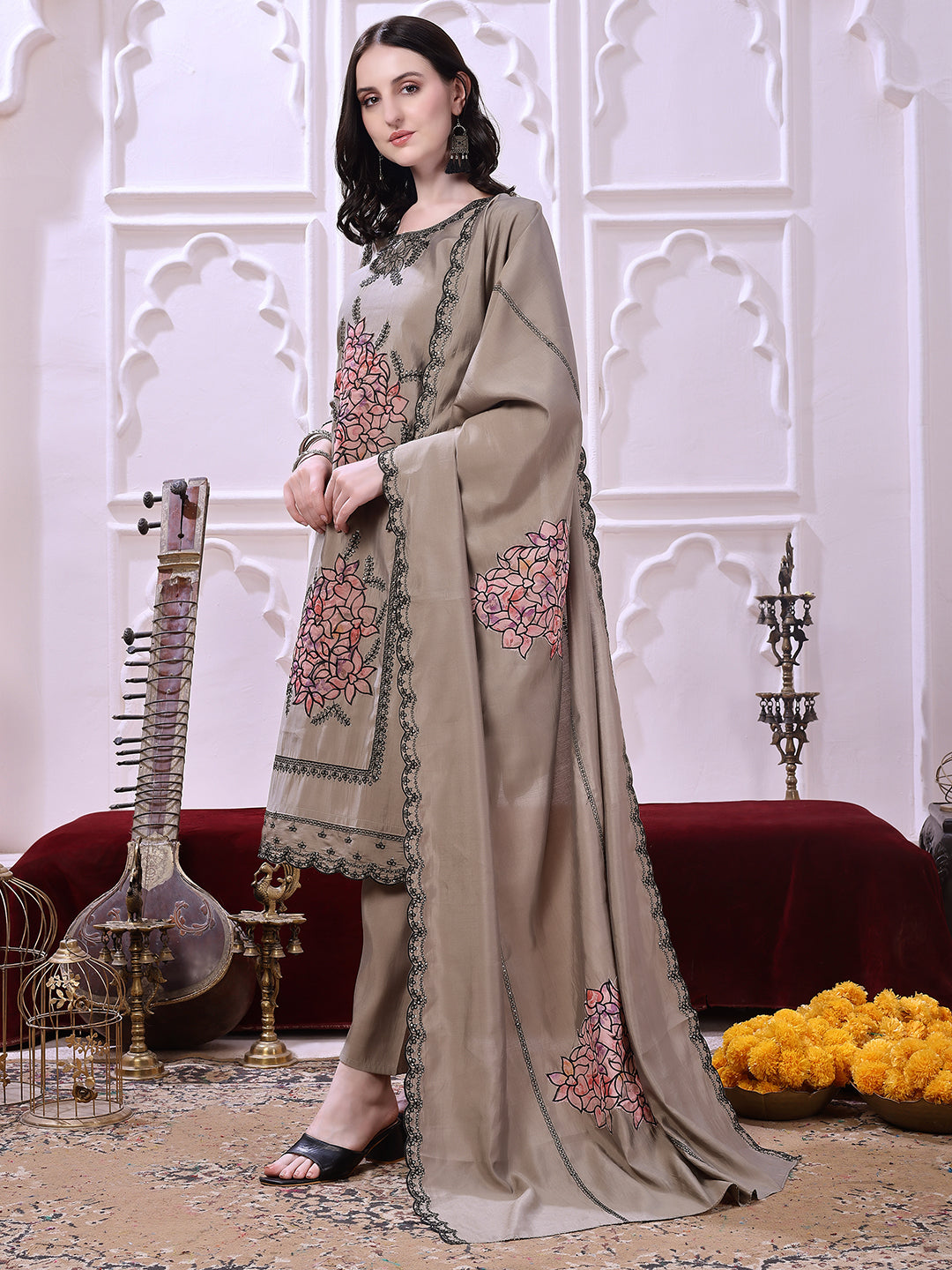 Taupe floral-embroidered straight suit set with lace-bordered Dupatta and tapered Pants