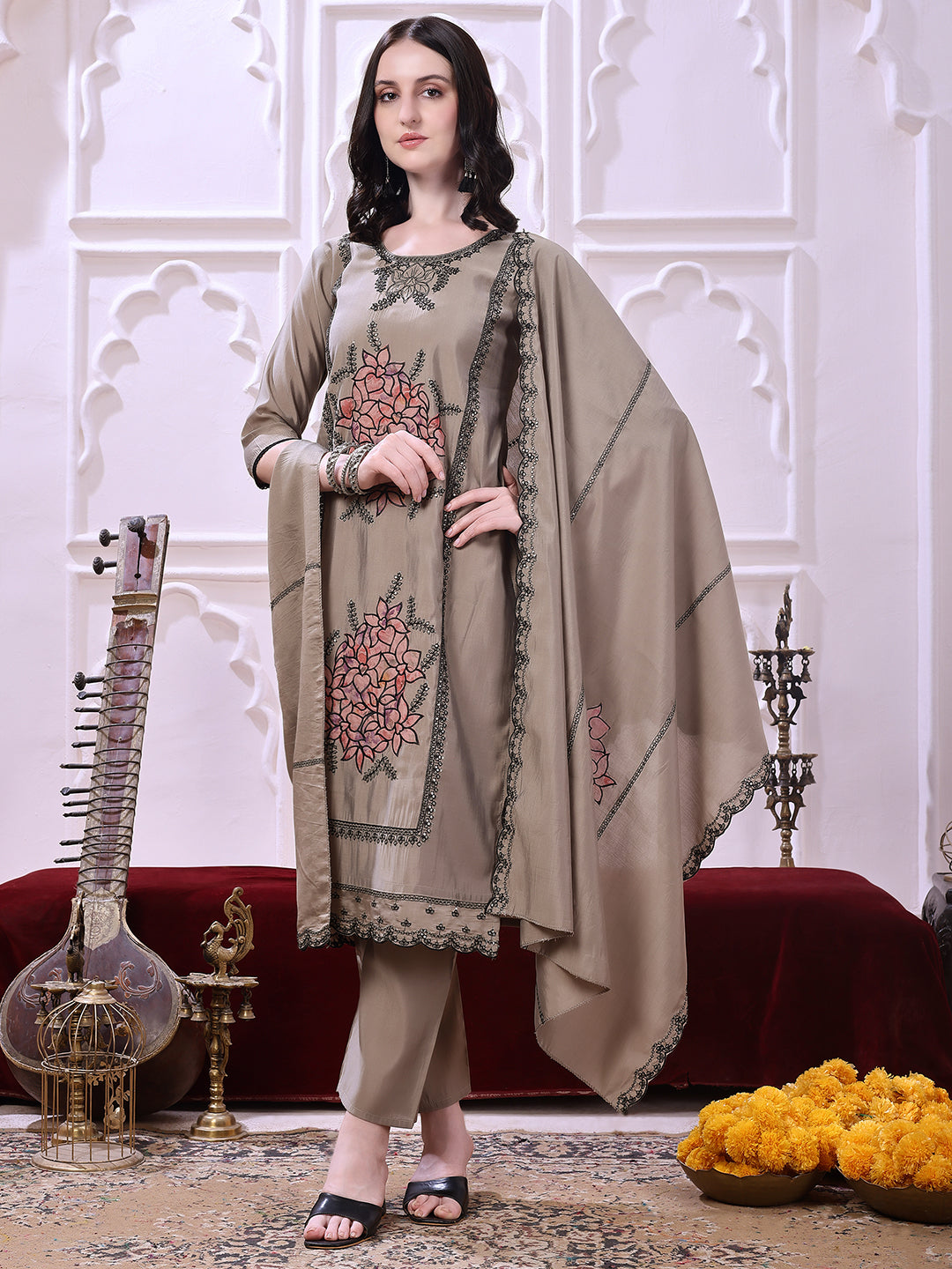 Taupe floral-embroidered straight suit set with lace-bordered Dupatta and tapered Pants