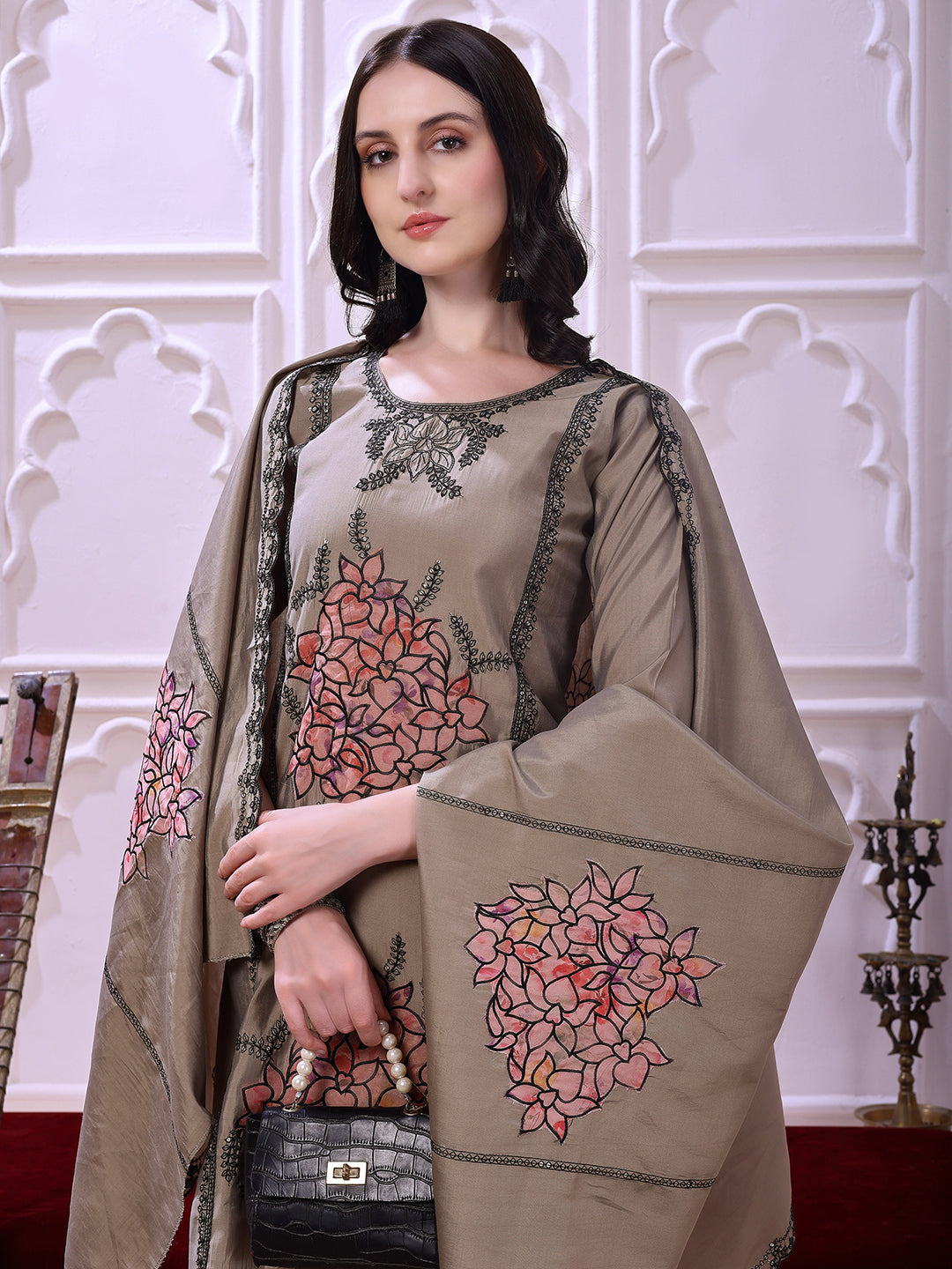 Taupe floral-embroidered straight suit set with lace-bordered Dupatta and tapered Pants