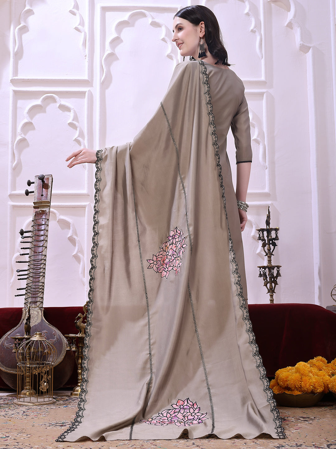 Taupe floral-embroidered straight suit set with lace-bordered Dupatta and tapered Pants