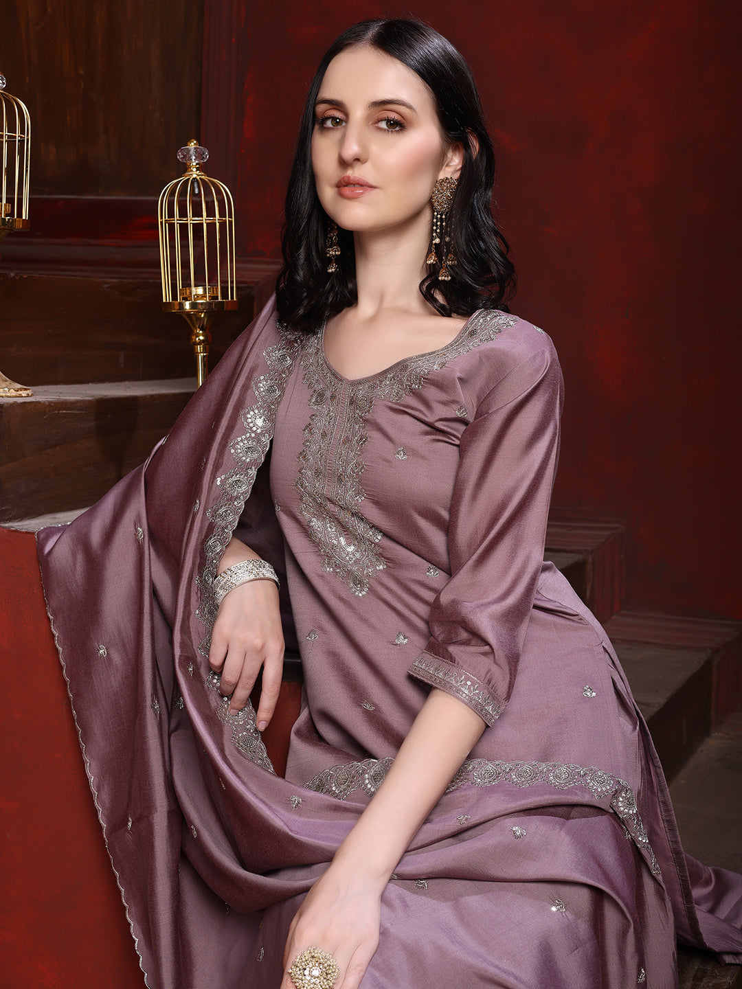 Straight suit set with silver-embroidered Kurta, bordered Dupatta and tapered Pant