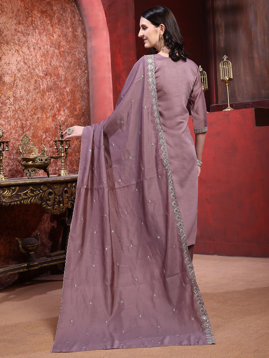 Straight suit set with silver-embroidered Kurta, bordered Dupatta and tapered Pant