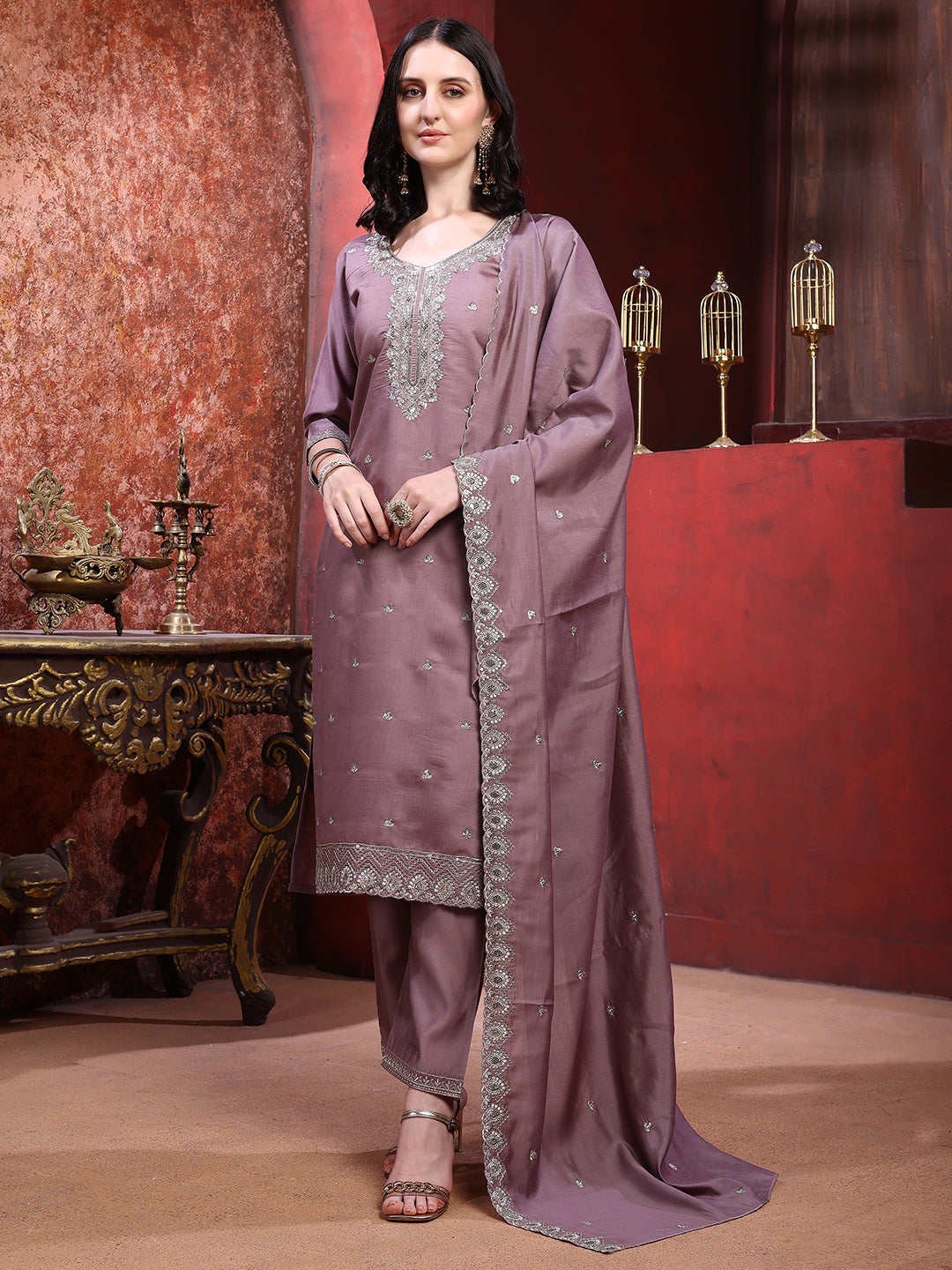Straight suit set with silver-embroidered Kurta, bordered Dupatta and tapered Pant