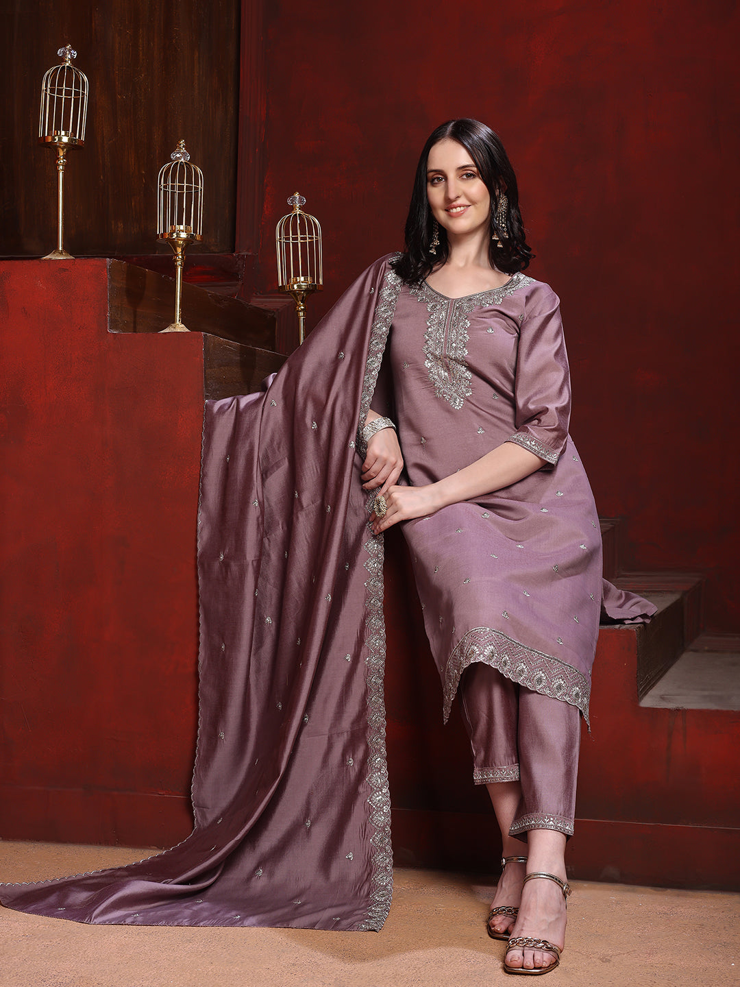 Straight suit set with silver-embroidered Kurta, bordered Dupatta and tapered Pant