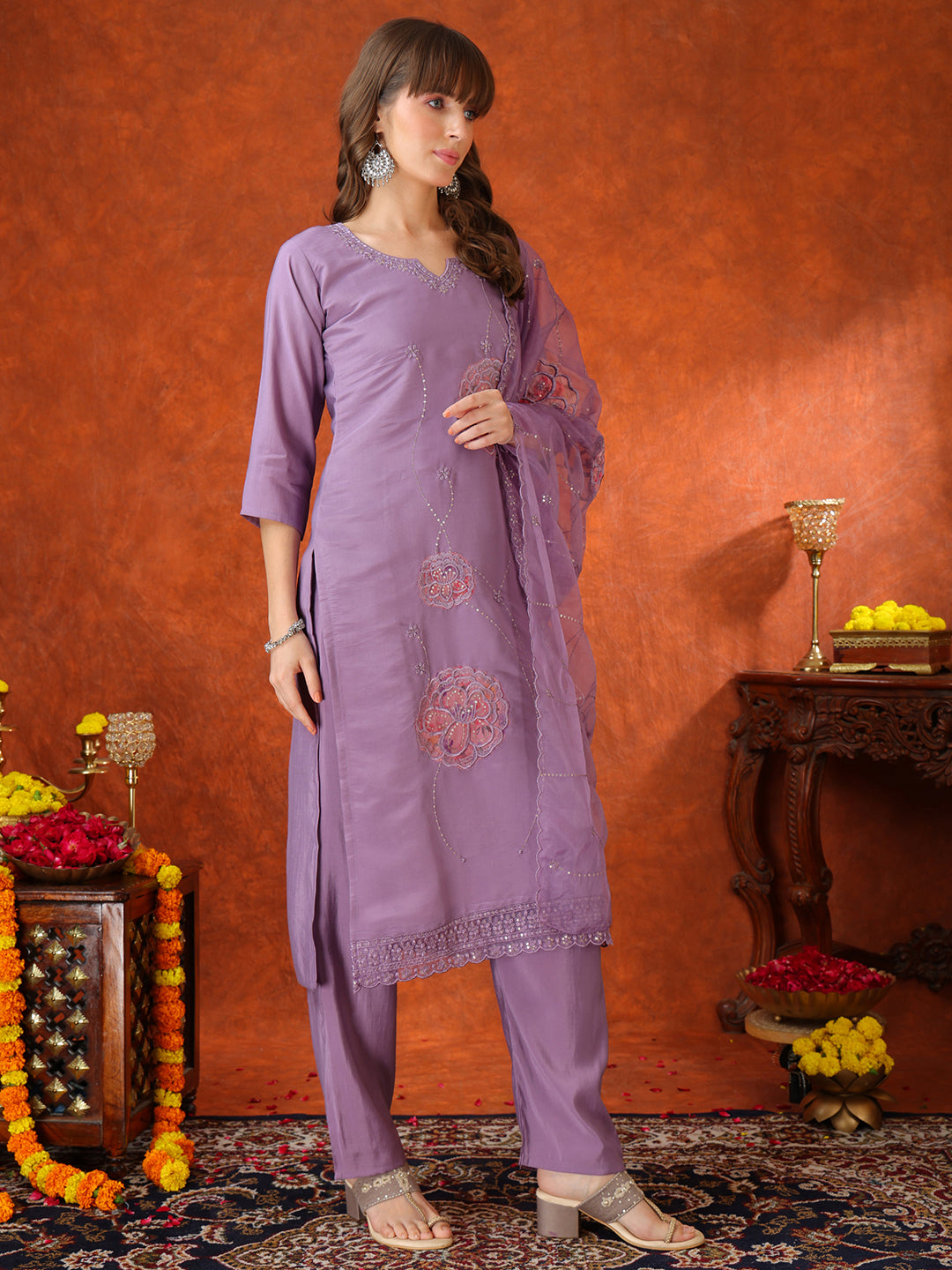 Embroidered Kurta with Pant & Embroidered Dupatta
