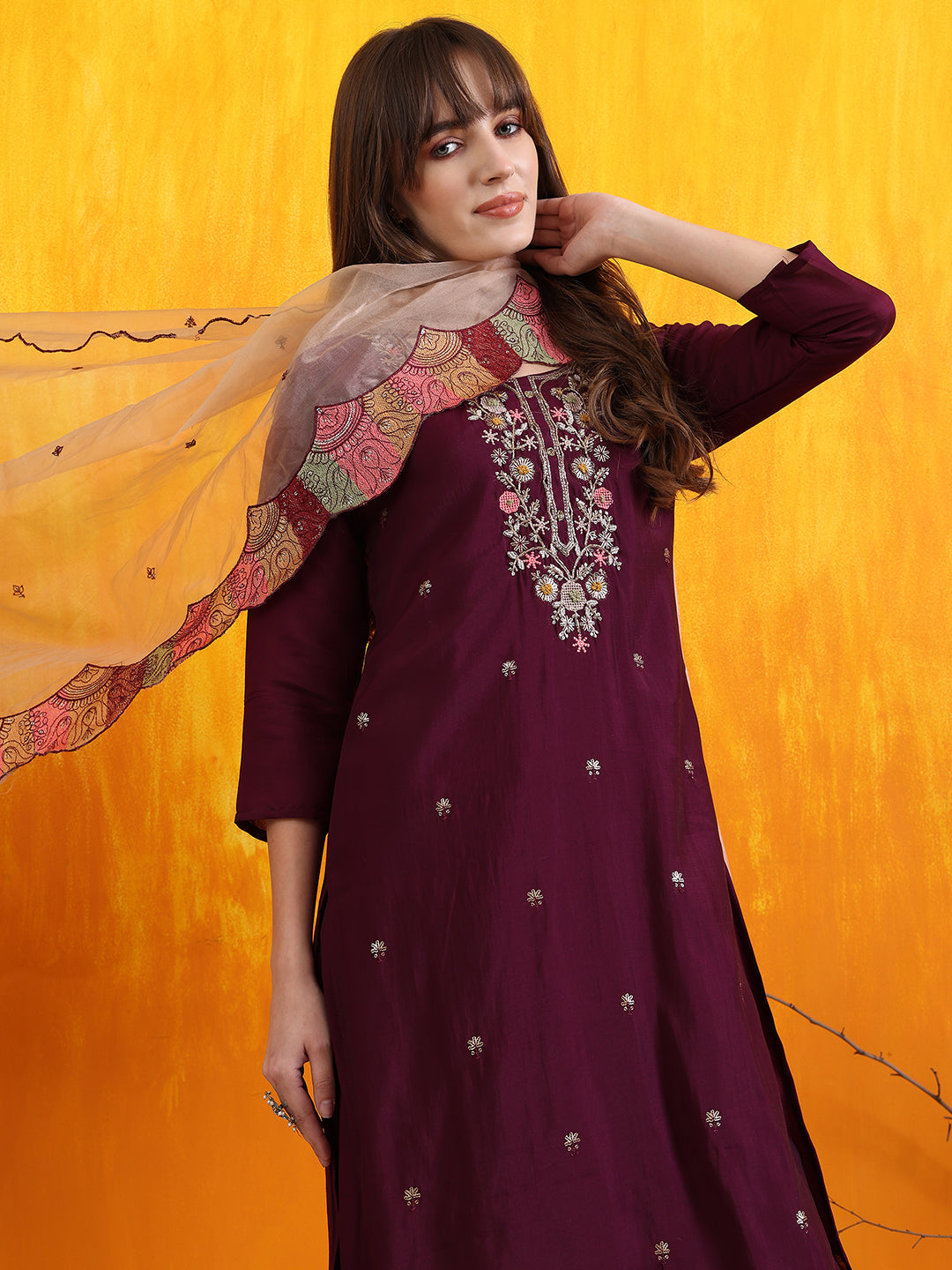 Hand Embroidered Kurta with Pant & Embroidered Organza  Dupatta