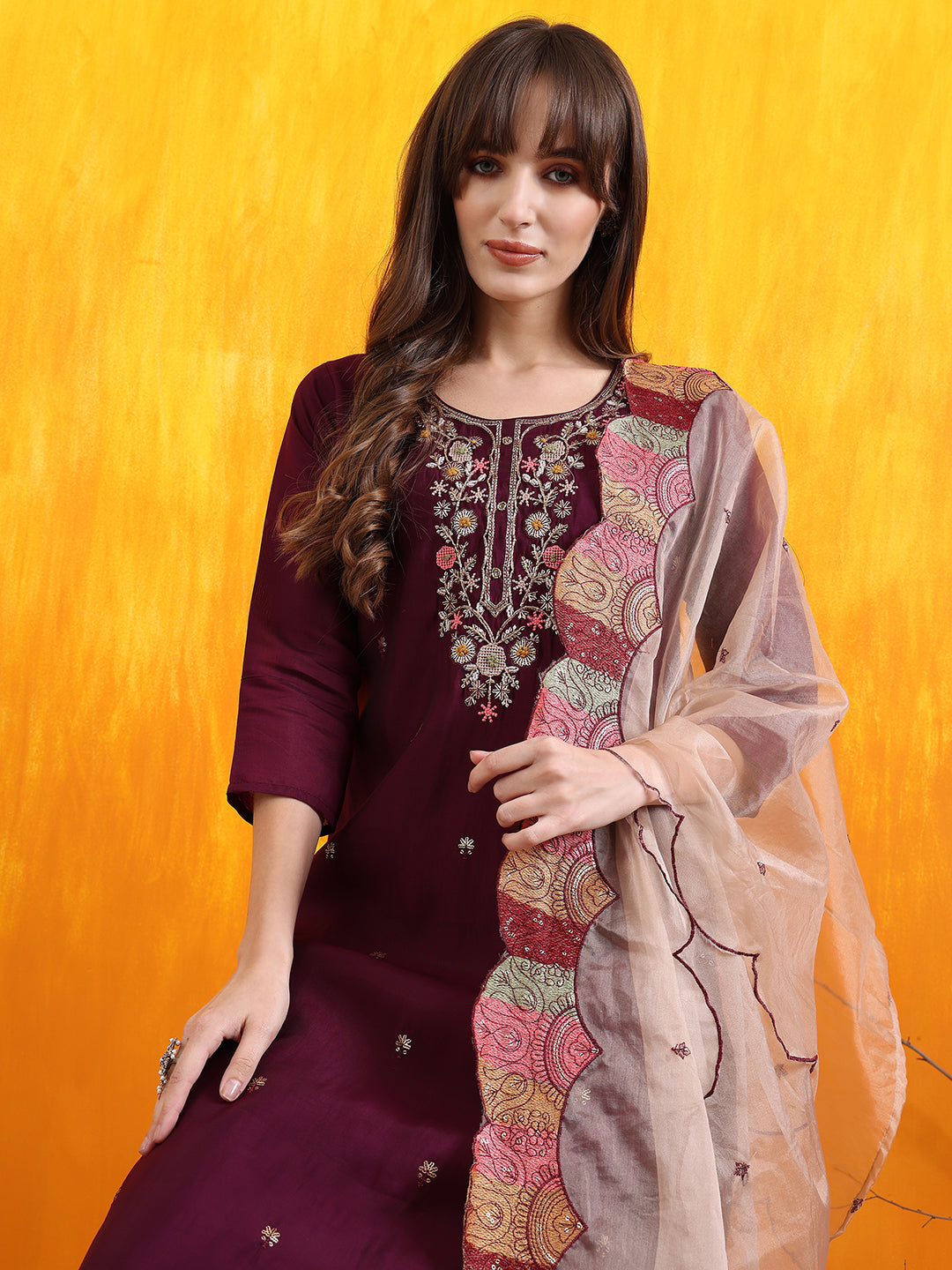 Hand Embroidered Kurta with Pant & Embroidered Organza  Dupatta