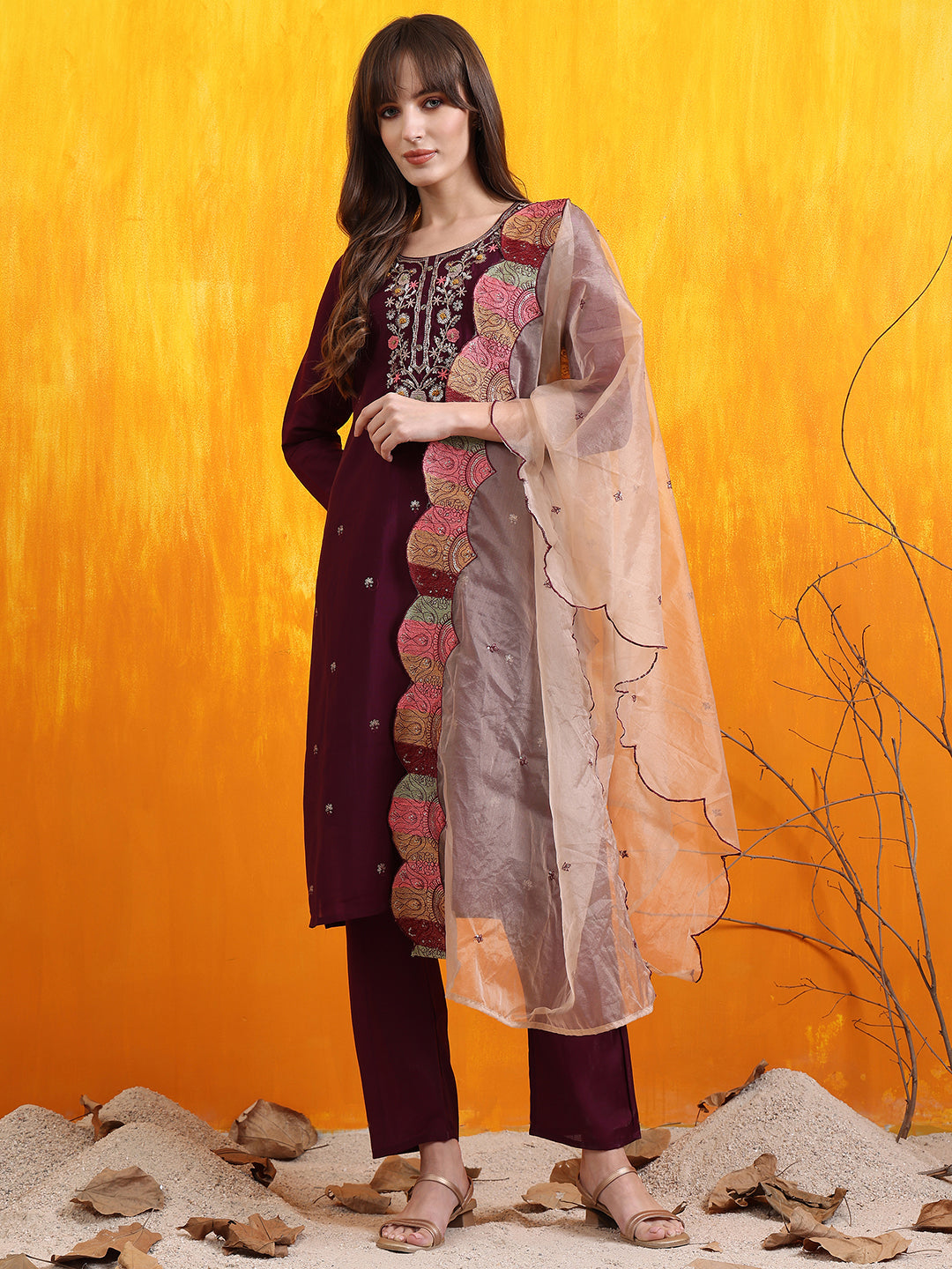 Hand Embroidered Kurta with Pant & Embroidered Organza  Dupatta