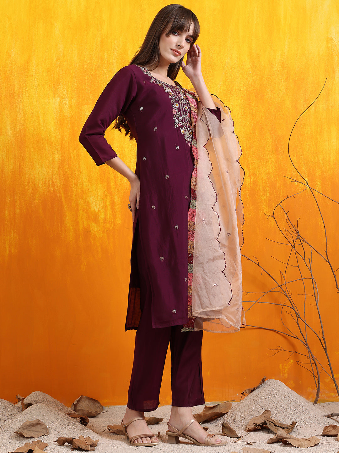 Hand Embroidered Kurta with Pant & Embroidered Organza  Dupatta