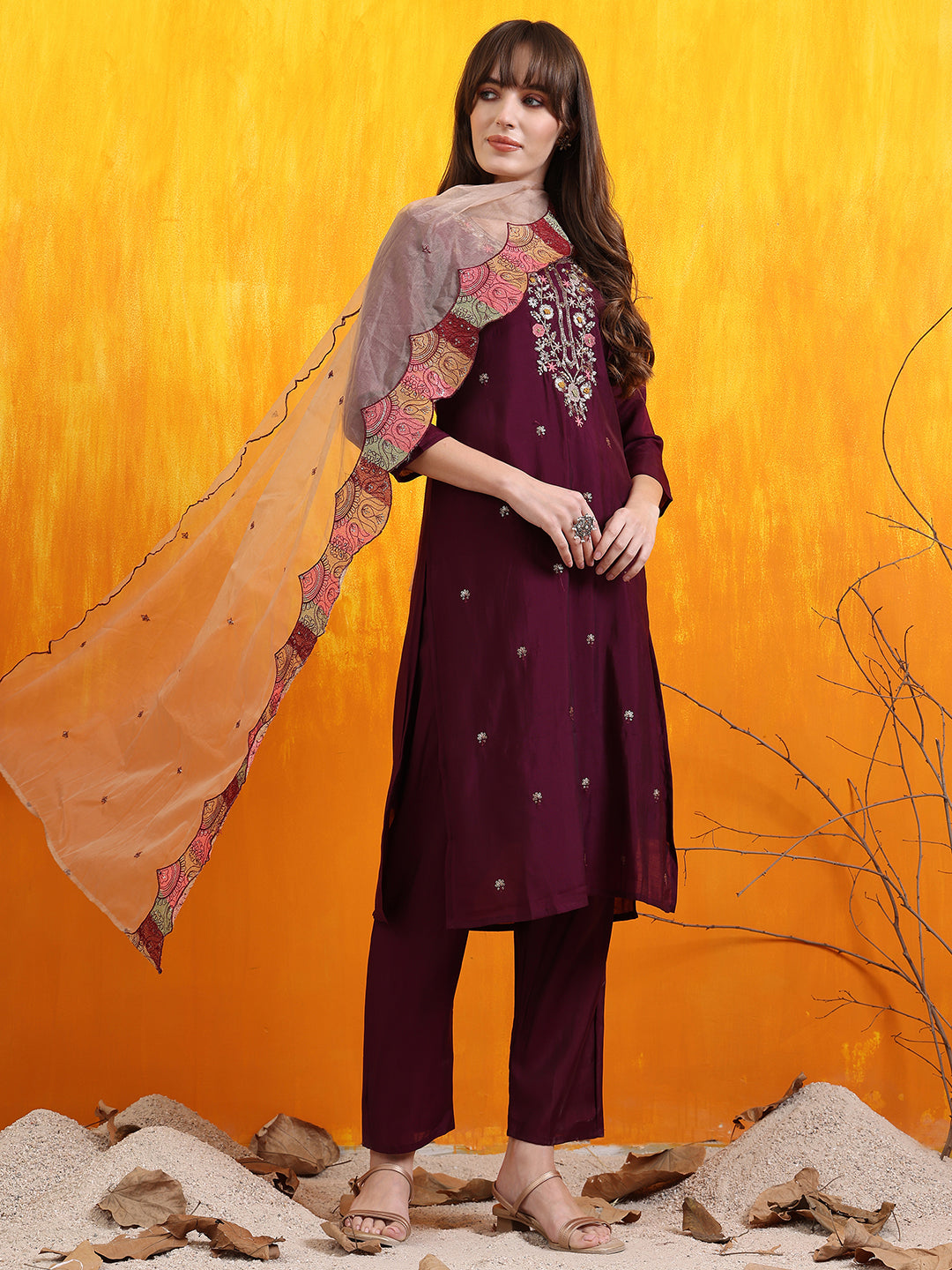 Hand Embroidered Kurta with Pant & Embroidered Organza  Dupatta