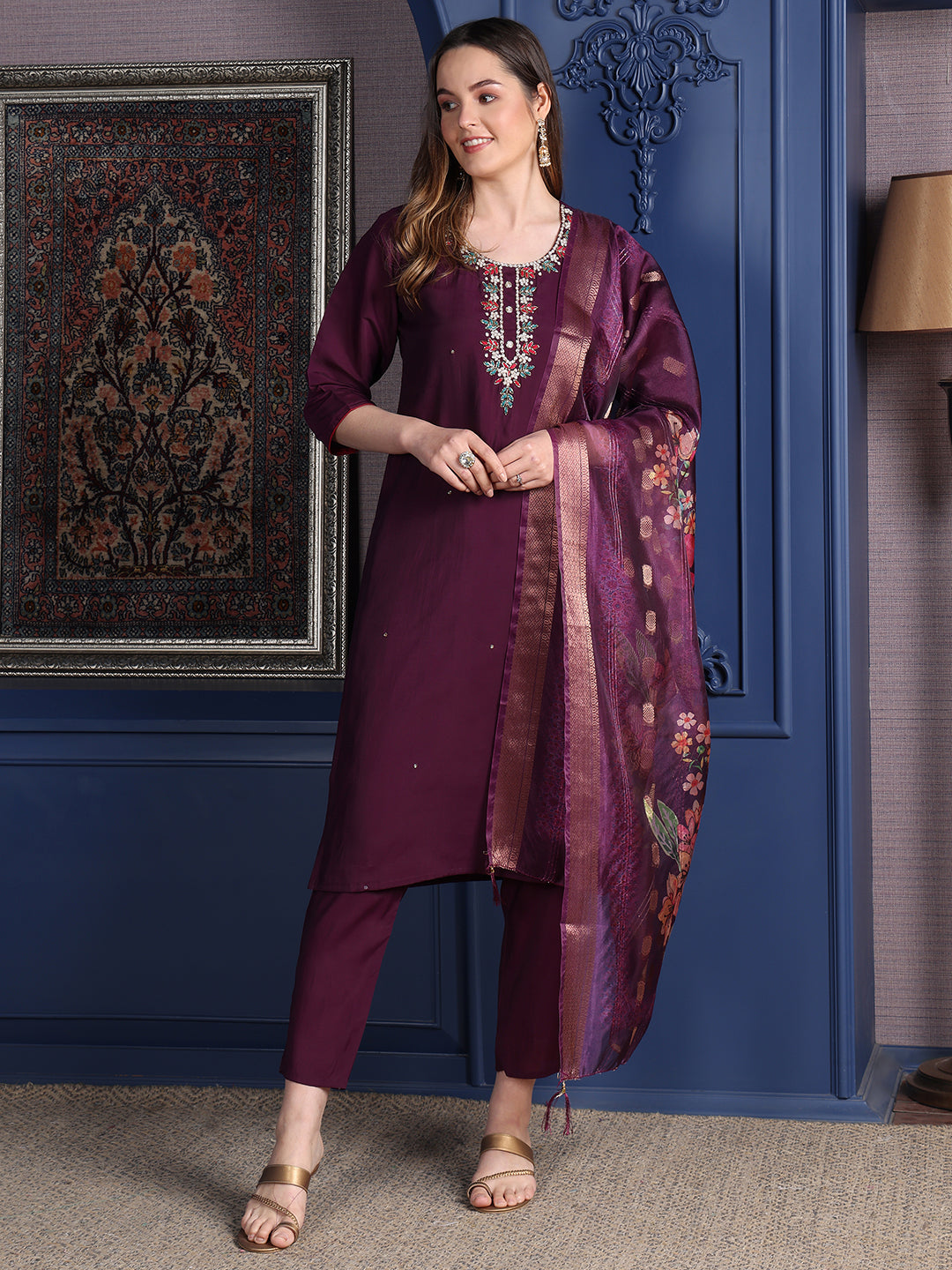 Hand embroidered Kurta with pant & Printed Dupatta