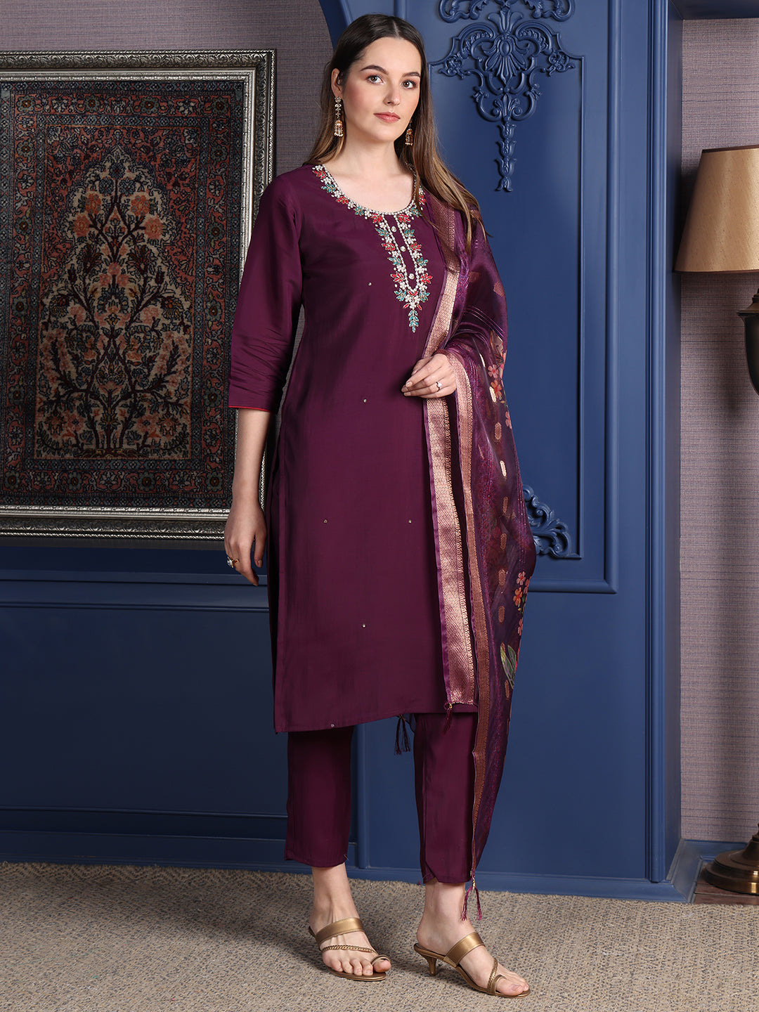 Hand embroidered Kurta with pant & Printed Dupatta