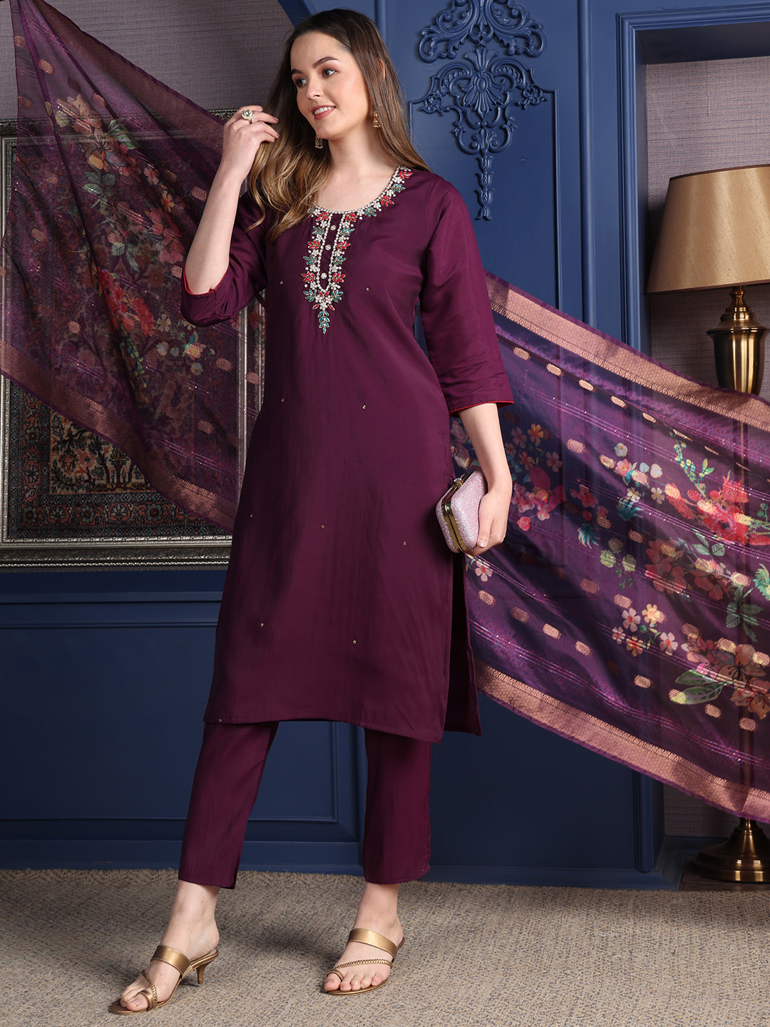 Hand embroidered Kurta with pant & Printed Dupatta