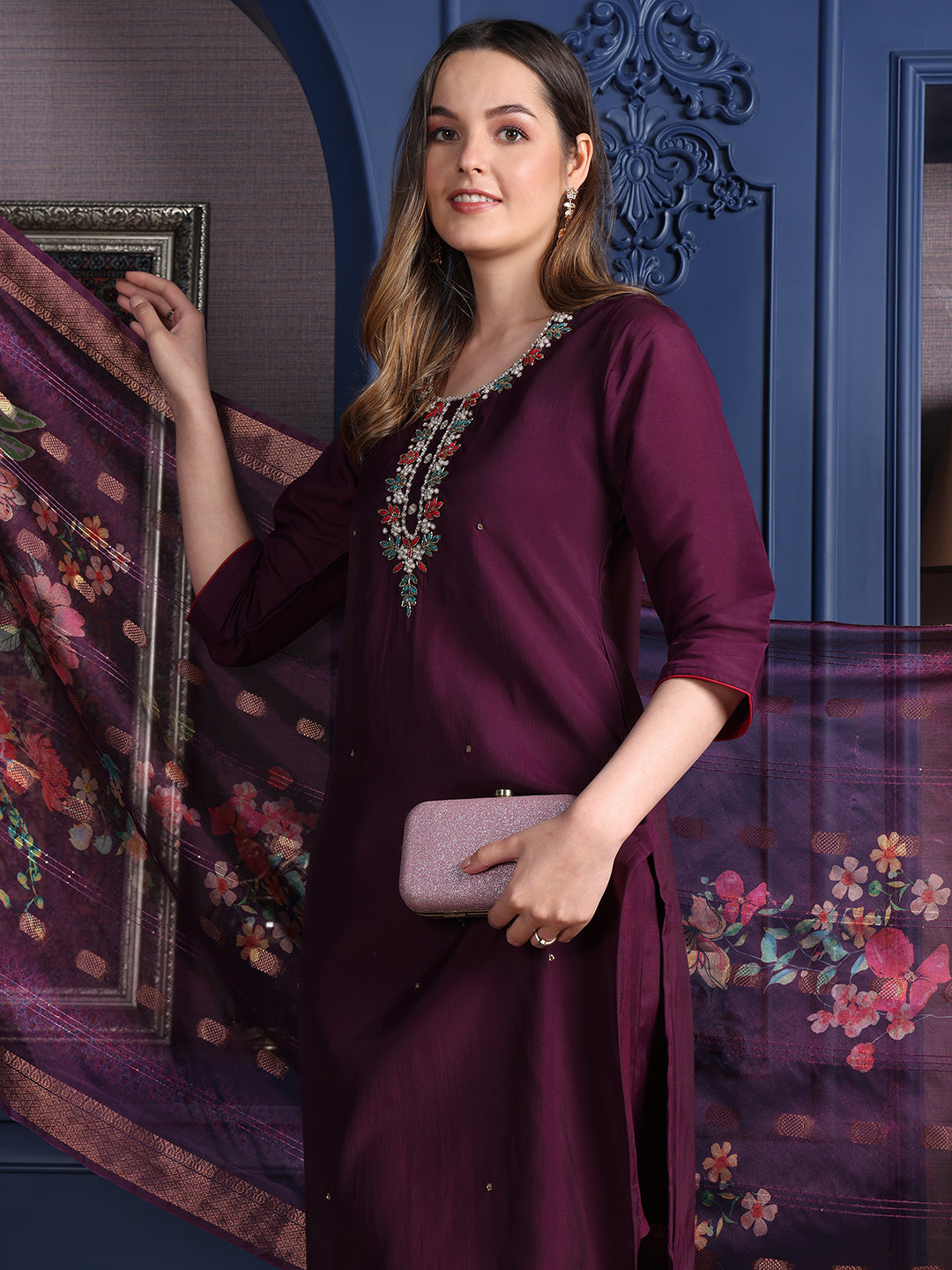 Hand embroidered Kurta with pant & Printed Dupatta