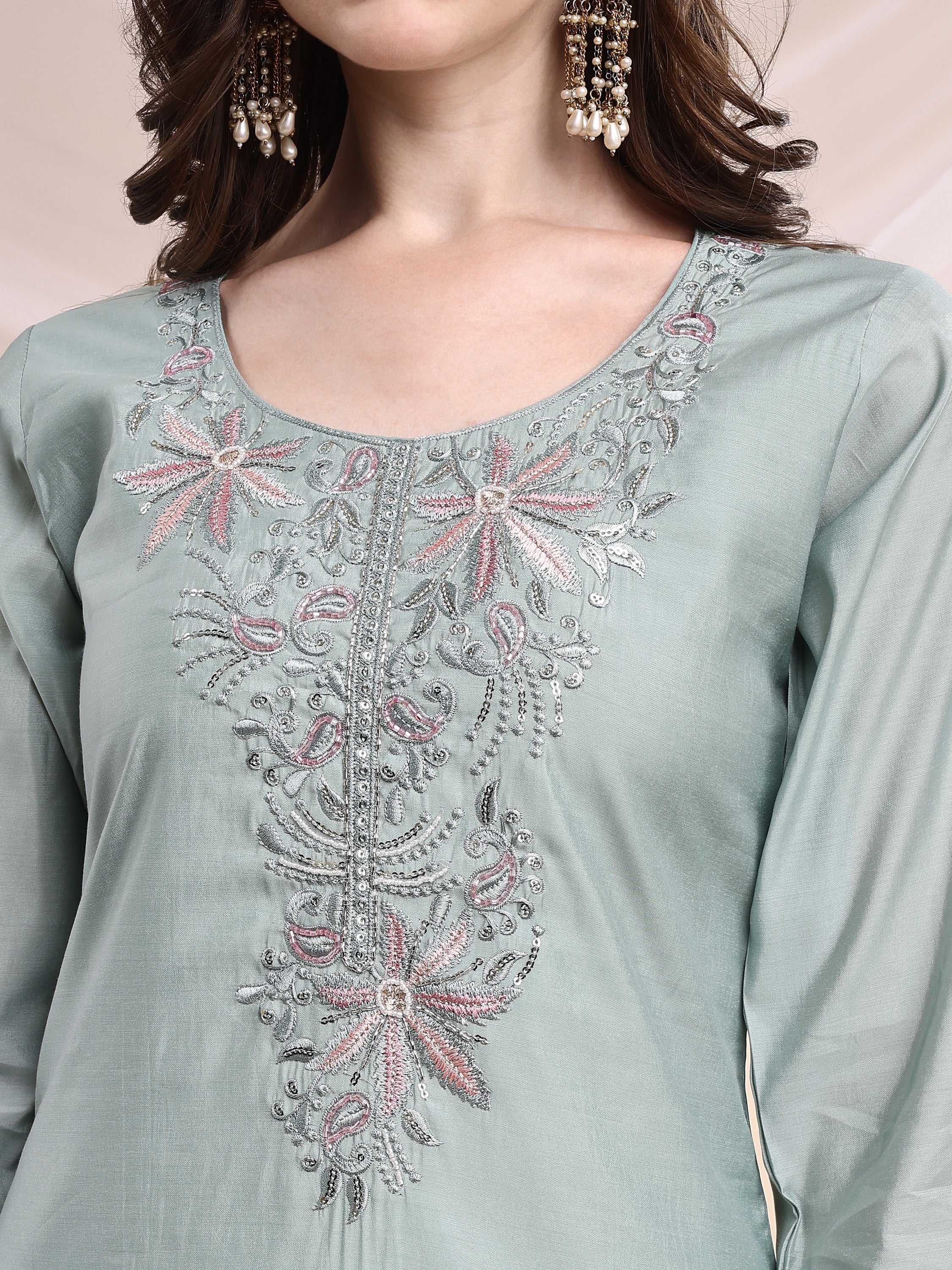 Embroidered Kurta with Pant & Printed Organza Dupatta