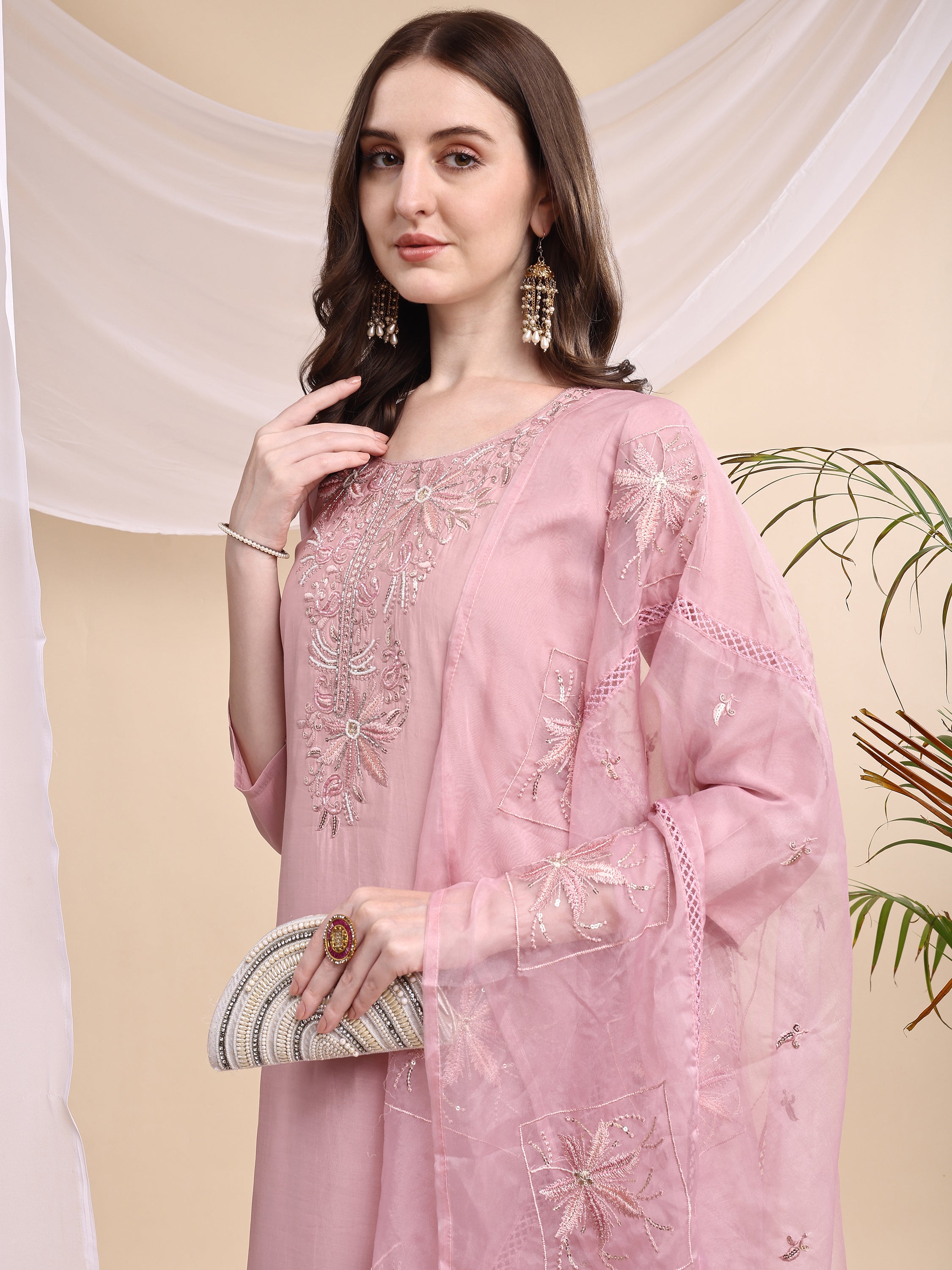 Embroidered Kurta with Pant & Printed Organza Dupatta