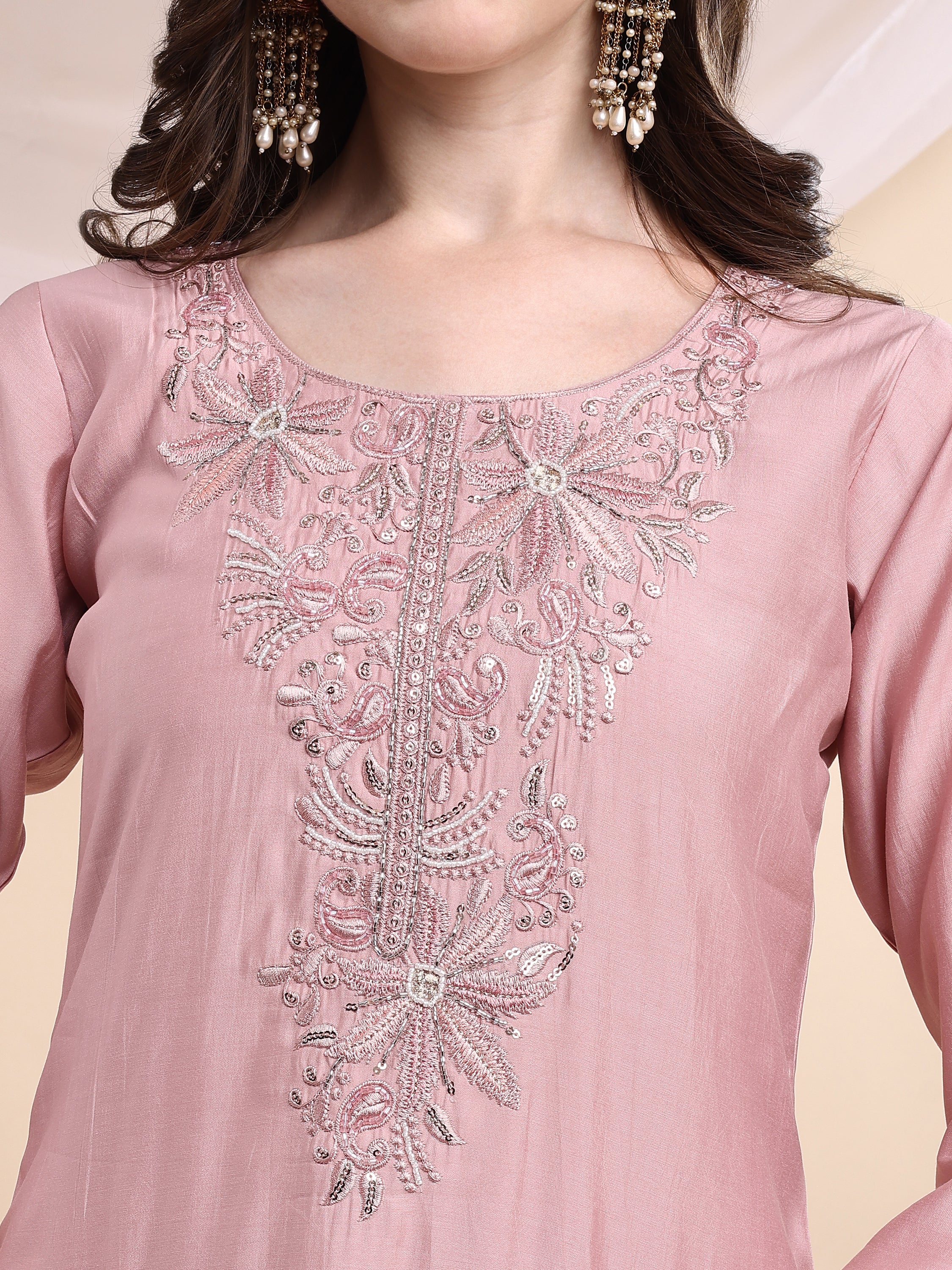 Embroidered Kurta with Pant & Printed Organza Dupatta