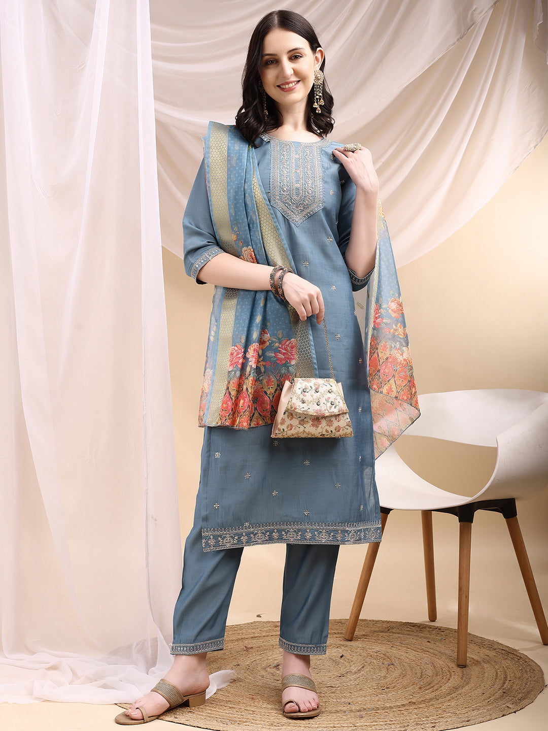 Sequined Embroidered Kurta with Pant & Printed Dupatta